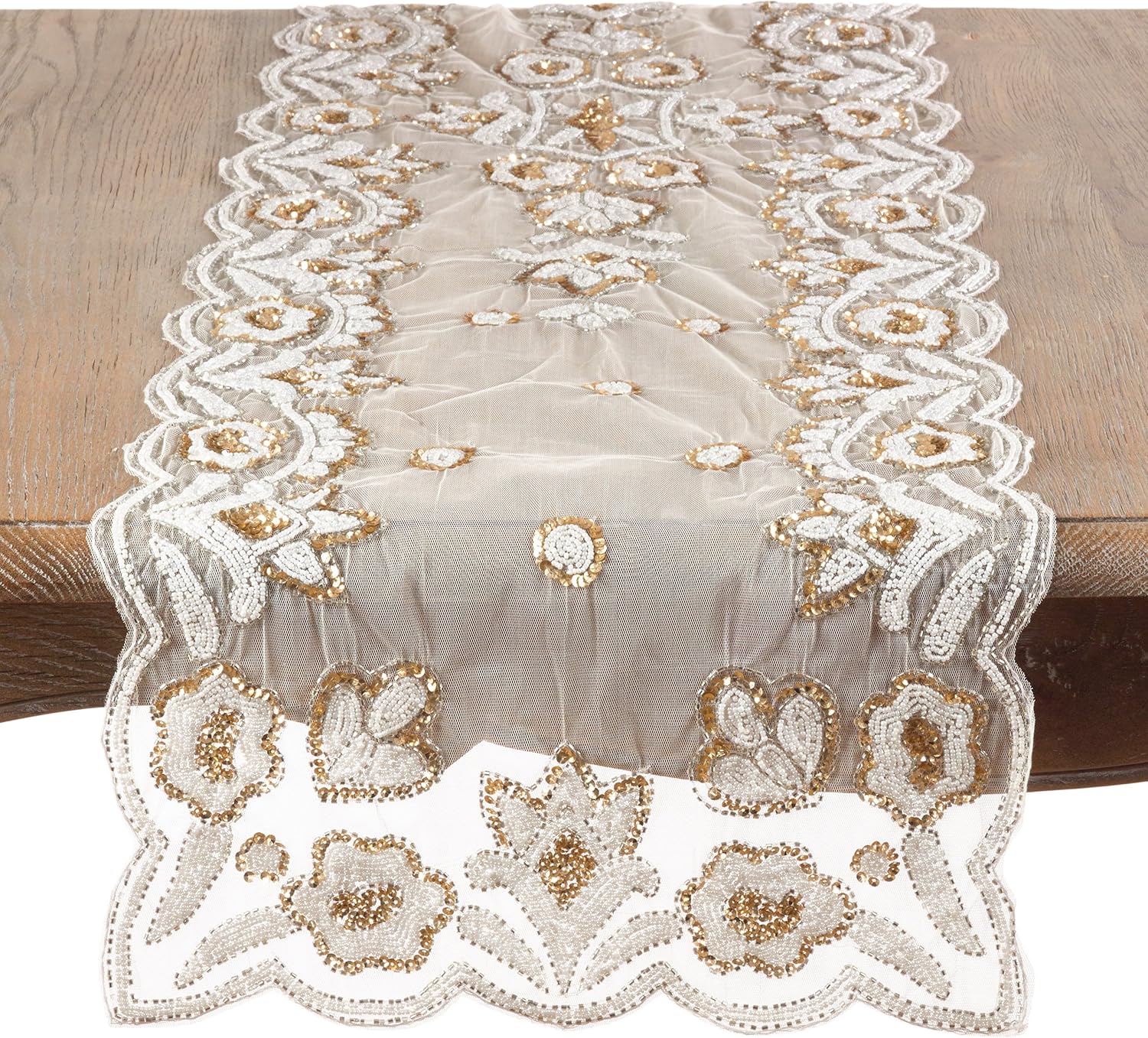 SARO LIFESTYLE Hand-Beaded Table Runner, 16"x72", Silver