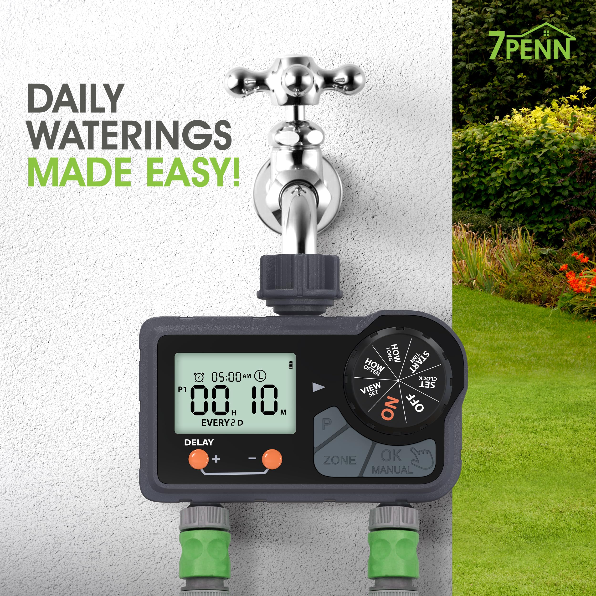7Penn Timer dell'acqua a 2 zone, sistema di irrigazione programmabile per esterni, nero