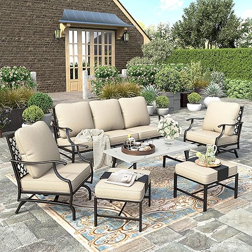HERA'S HOUSE 6 Piece Patio Furniture Set, 2 x Rocking Cushioned Chair, 2 x Cushioned Ottoman, 1 x 3-Seat Sofa with Marbling Coffee Table, Outdoor Conversation Set for Lawn Garden Backyard