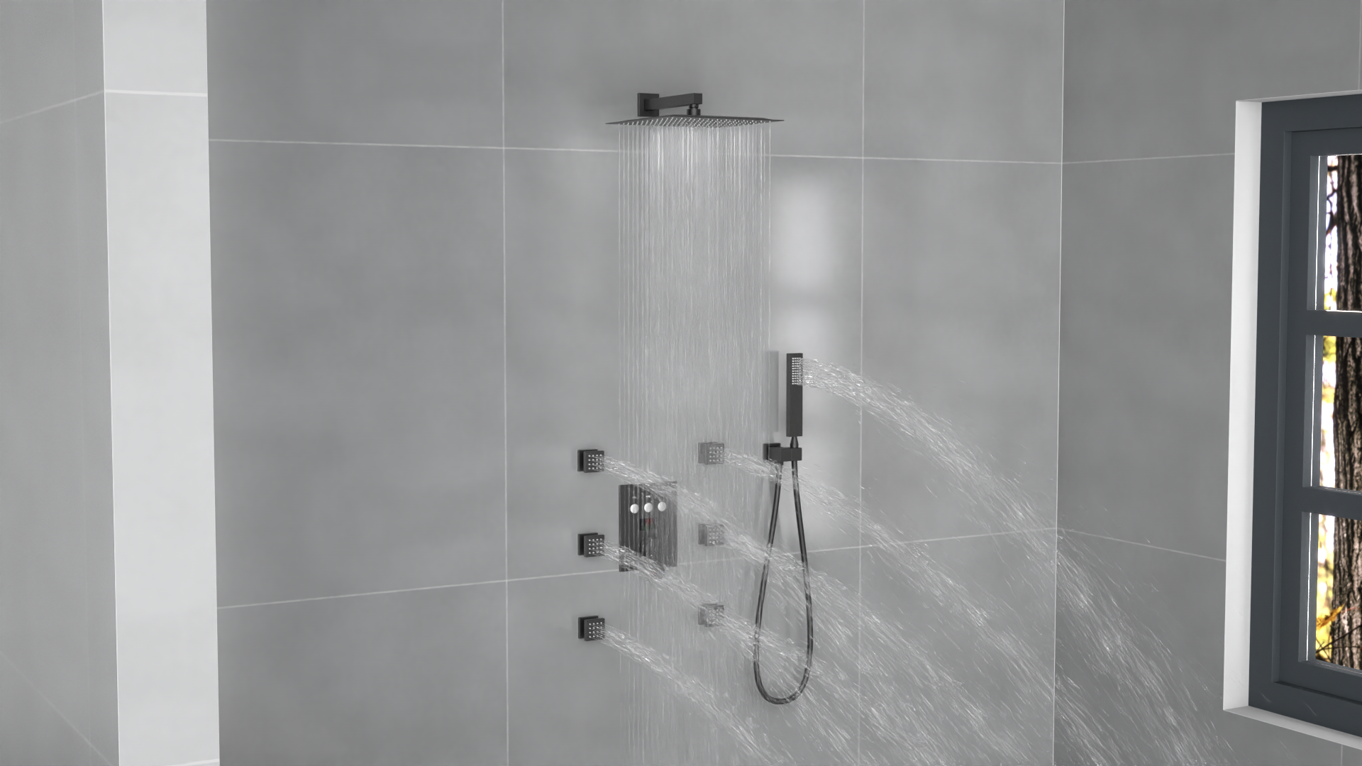 Sistema de ducha con mezcladora y pantalla digital de temperatura WHSHOWER con 6 jets corporales, cabezal cuadrado de 12 pulgadas, acabado cromado miniatura 7
