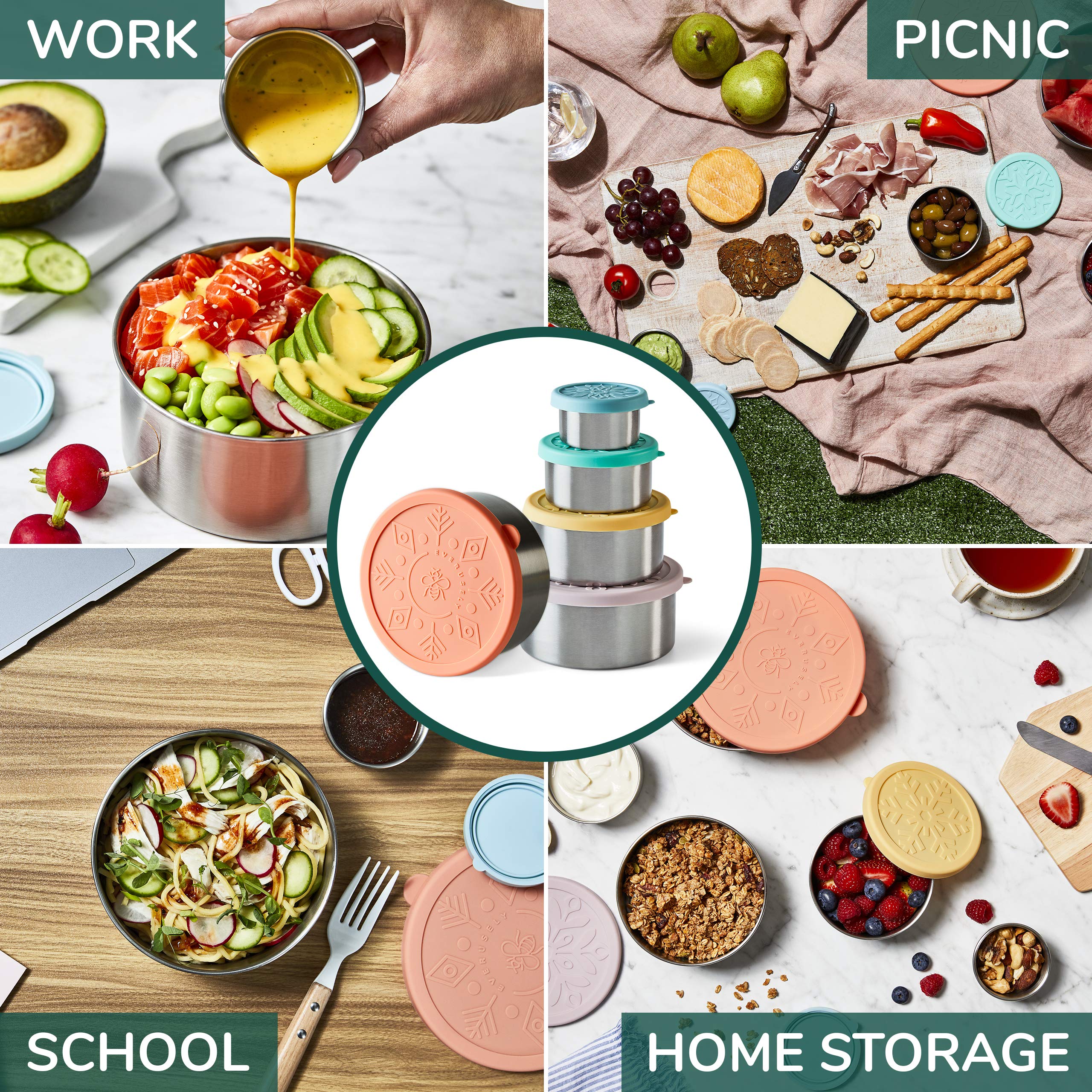 Everusely Stainless Steel Food Containers With Lids, Reusable Snack