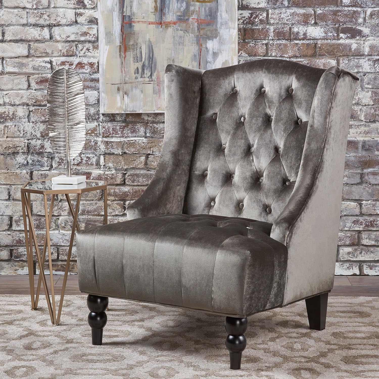 Modern Wingback Accent Chair, Tufted Velvet Couch Sofas with High Back Thick Padded Cushioned Seats for Living Room, Victorian Style, Grey