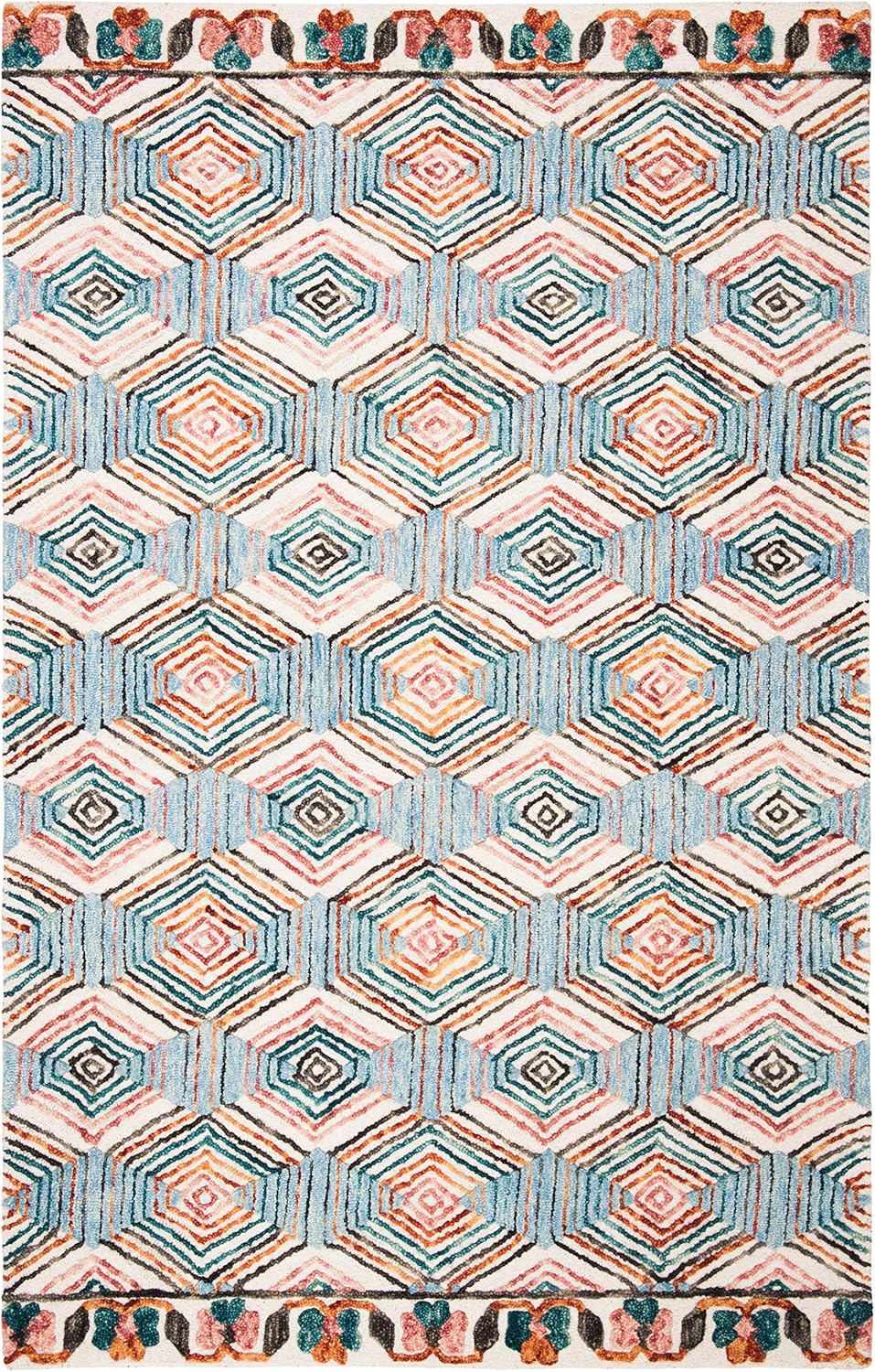 Ivory and Light Blue Hand-Tufted Wool Geometric Area Rug 5' x 8'