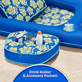 Aqua Campania Ultimate 2-in-1 Pool Float Lounge - Extra Large - Inflatable Pool Floats for Adults with Adjustable Backrest & Cupholder Caddy - Royal/Lime Hibiscus