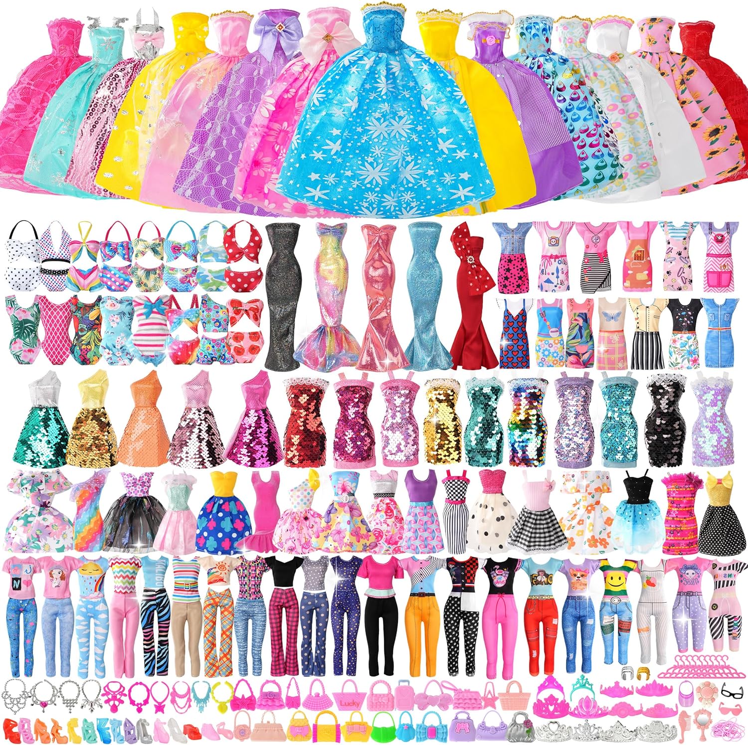 120Pcs Doll Clothes and Accessories, 5 Wedding Gowns 21 Dresses Including Evening Gowns, Fish Scale Skirts, Fashion Dresses, Swimsuits, Shoes, Hangers for Christmas Stocking Stuffers Girls Gift Age 3+