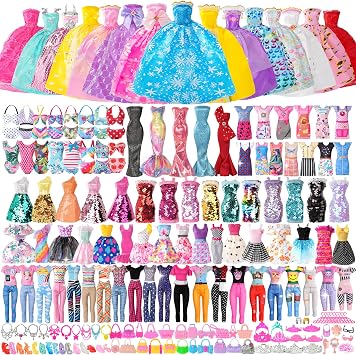 120Pcs Doll Clothes & Accessories 5 Gowns 21 Dresses Shoes | Evening Gowns, Swimsuits, Hangers, Christmas Gift for Girls Age 3+