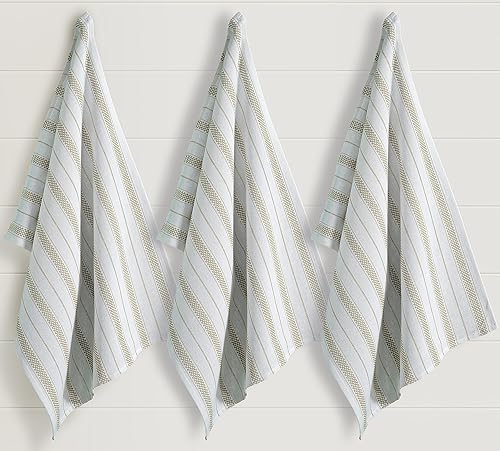 Juego de 3 toallas de cocina de algodón con cadena a rayas, 100% algodón hilado en anillo, multiusos, súper suaves, absorbentes, paños de cocina,