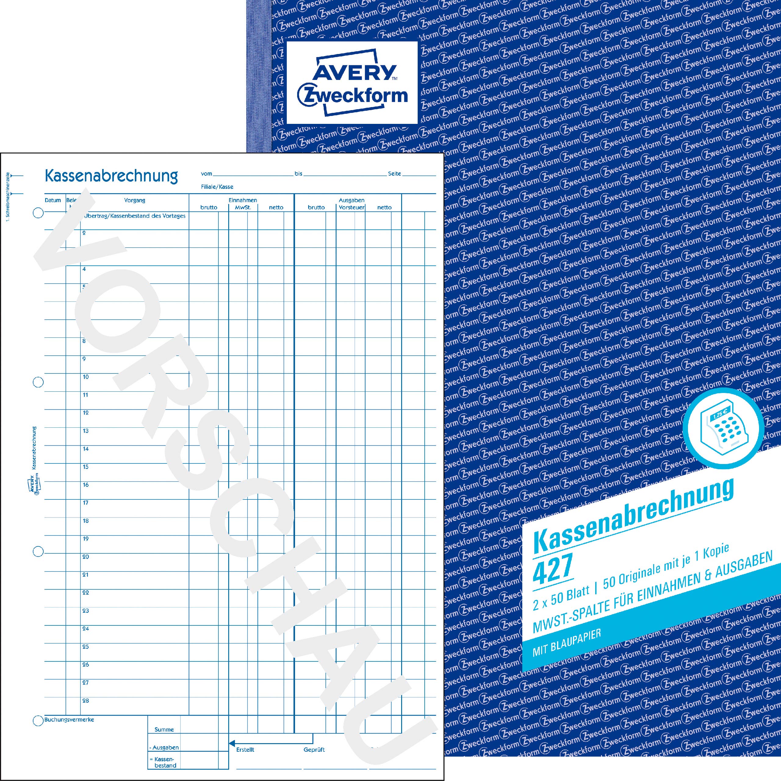 Avery Zweckform 427-5 Kassenabrechnung (A4, mit MwSt.-Spalte, 2x50 Blatt) 3er Pack, weiß/gelb