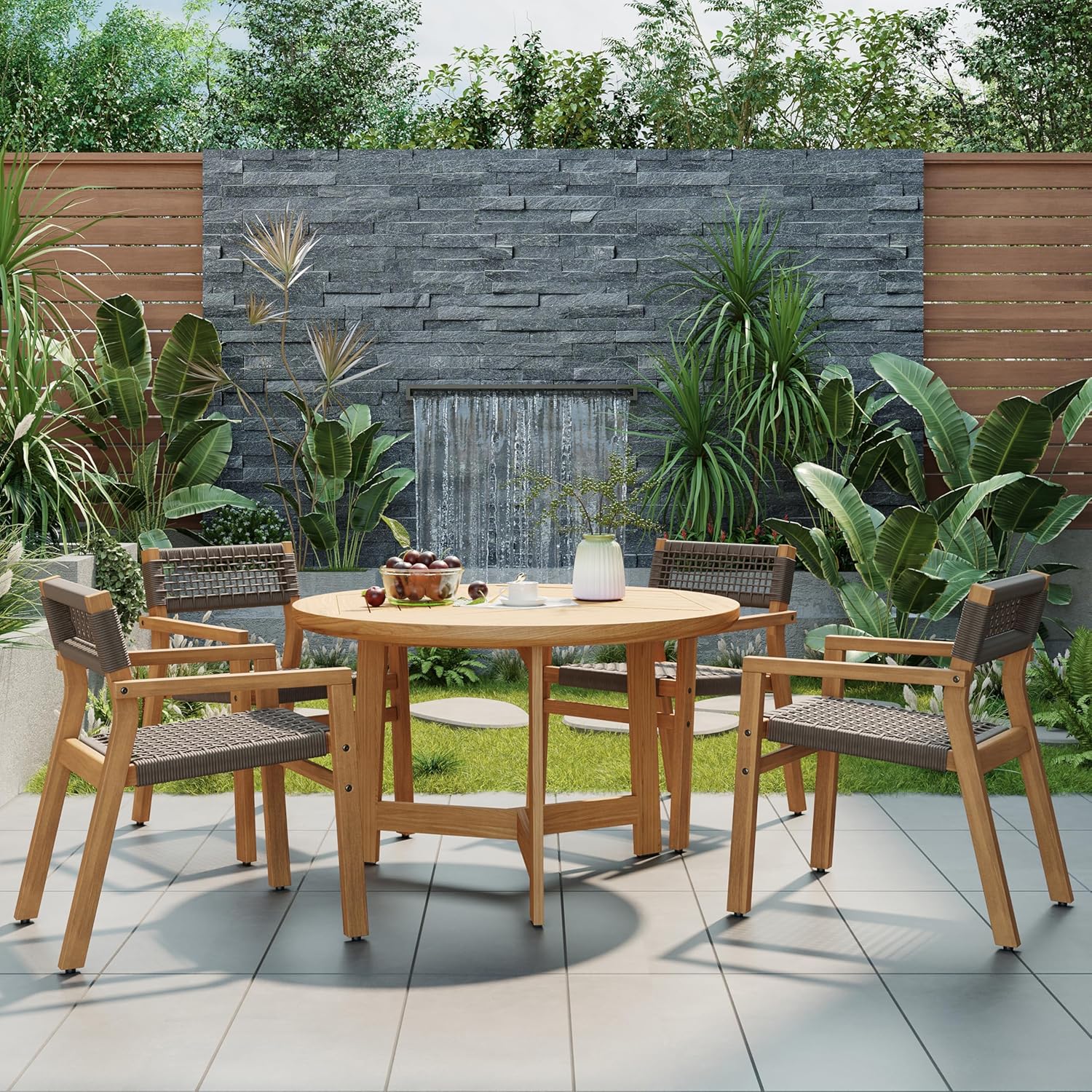 Christopher Knight Home Dolly Dining Chairs Set of 4, Acacia Wood Frame Dining Chairs, Rope Woven Armchair, Accent Dining Chair Set, Patio Wooden Armchair for Backyard Poolside Garden, Light Teak