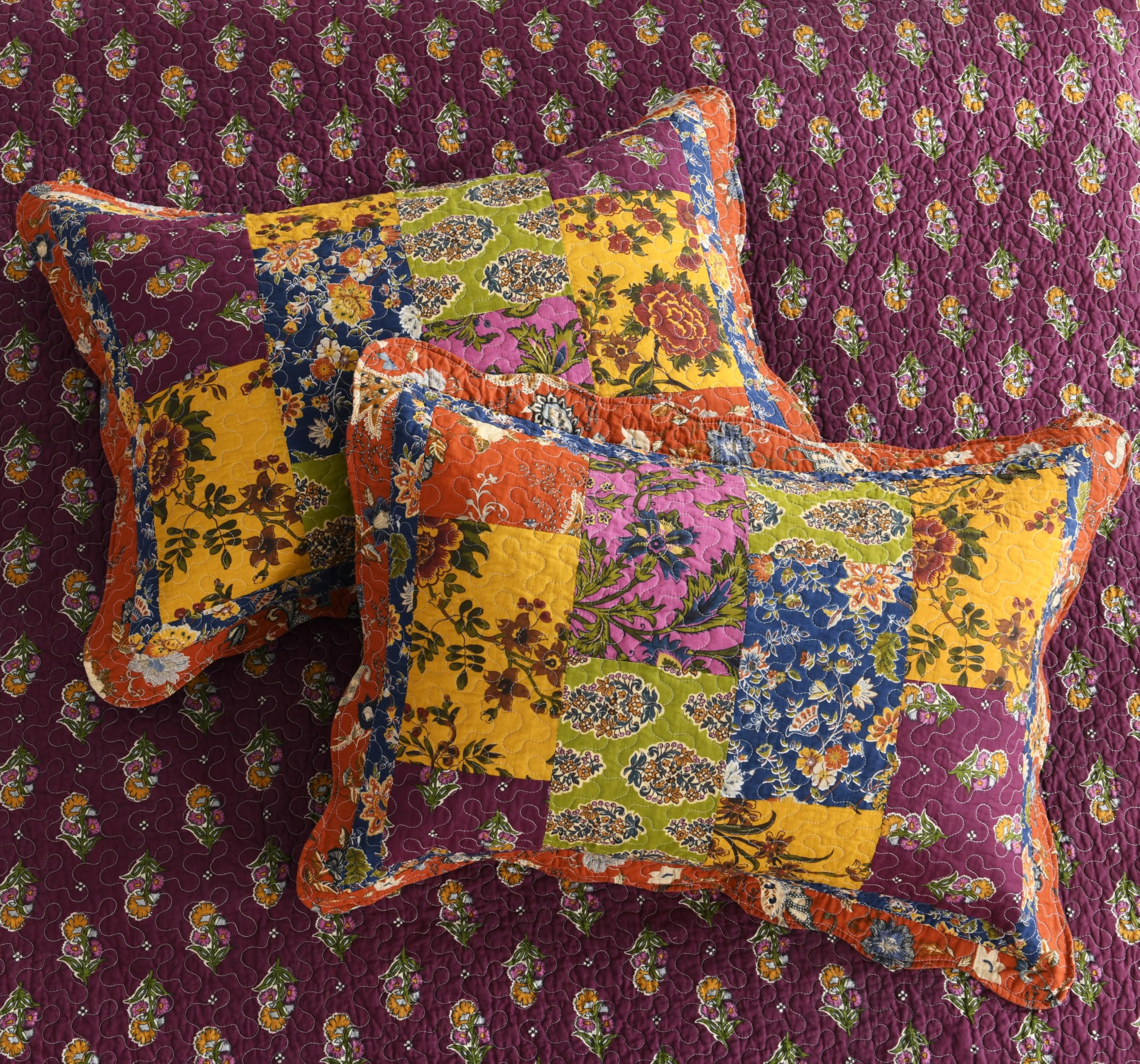 Qucover Tagesdecke Bunt Baumwolle, Weich Tagesdecke Patchwork, Tagesdecke Bettüberwurf, Cotton Bedspreads mit 2 Kissenbezügen 50x70cm, Sofa Überwurfdecke, Decke Patchwork für Sofa und Bett(223x233cm)