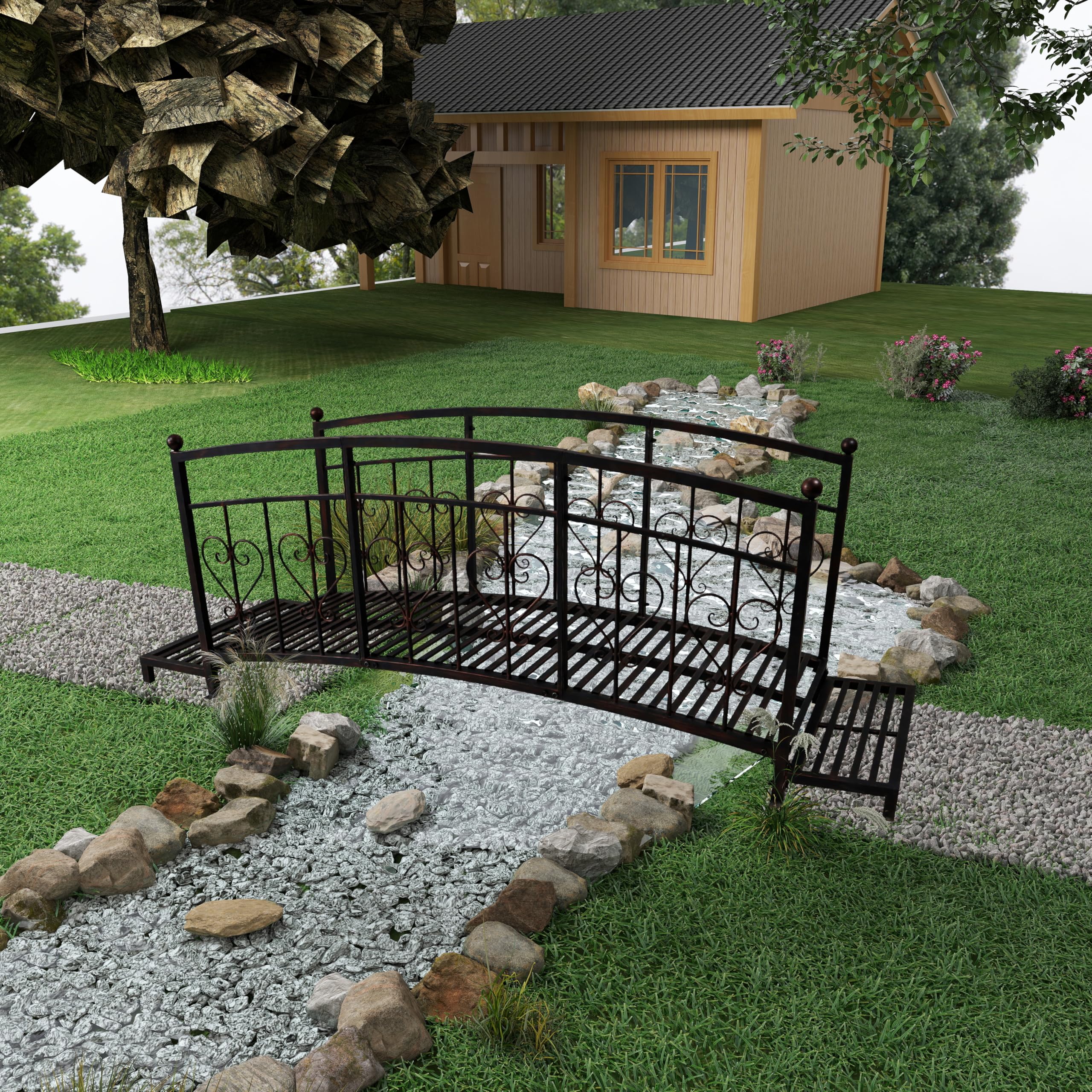 AIIT 8 FT Metal Garden Bridge - Garden Bridges for Outdoors Courtyard Iron Bridge with Steps and Heart-Shaped High Safety Guardrails Pond Bridge for Pond, Yard, Creek, Stream, Black