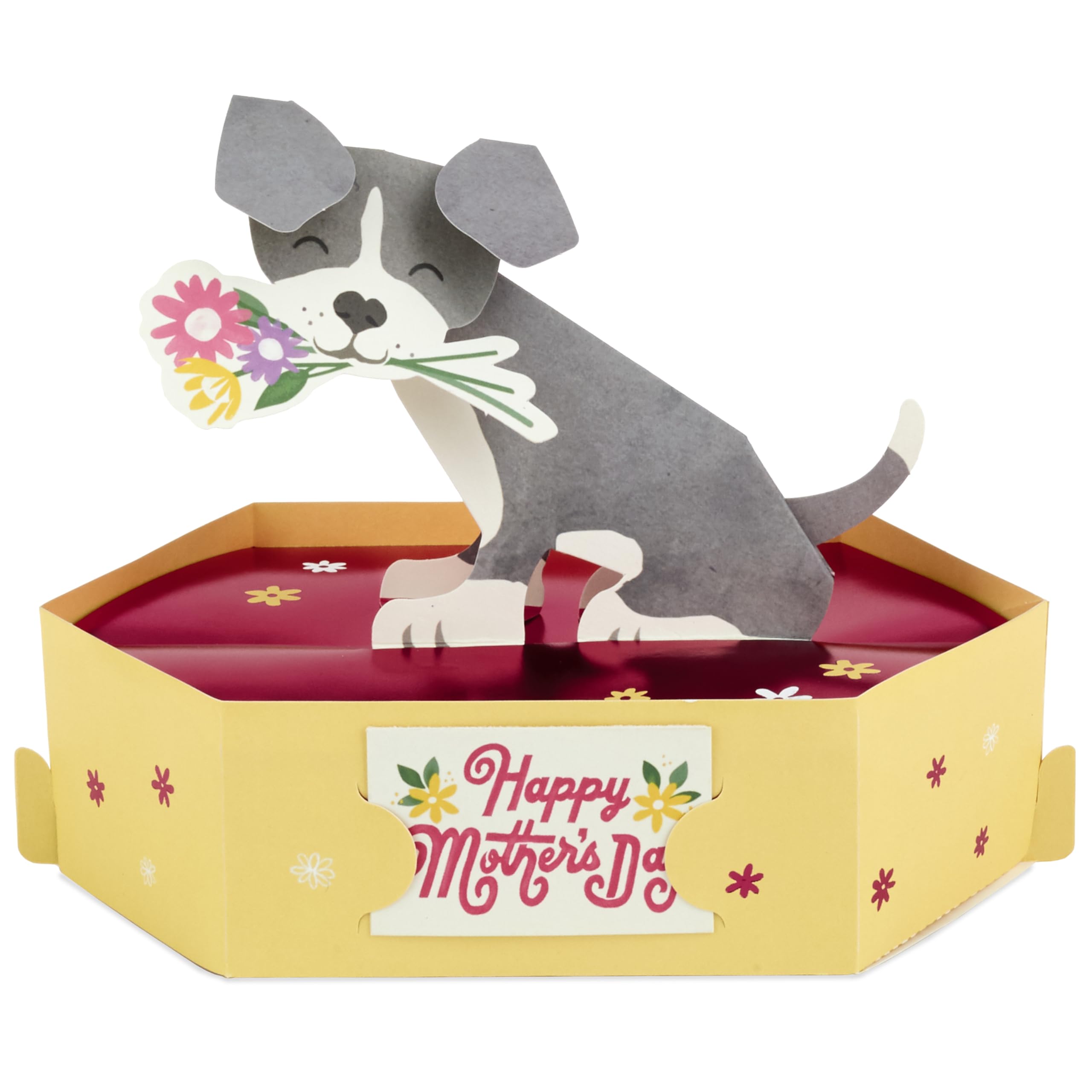 Hallmark Mothers Day Card for Mum 3D, Pop Up, Cute Dog & Flowers, Grey, Yellow, Red, Grey, Red & Yellow, H13.5cm by W17.7cm by D11cm