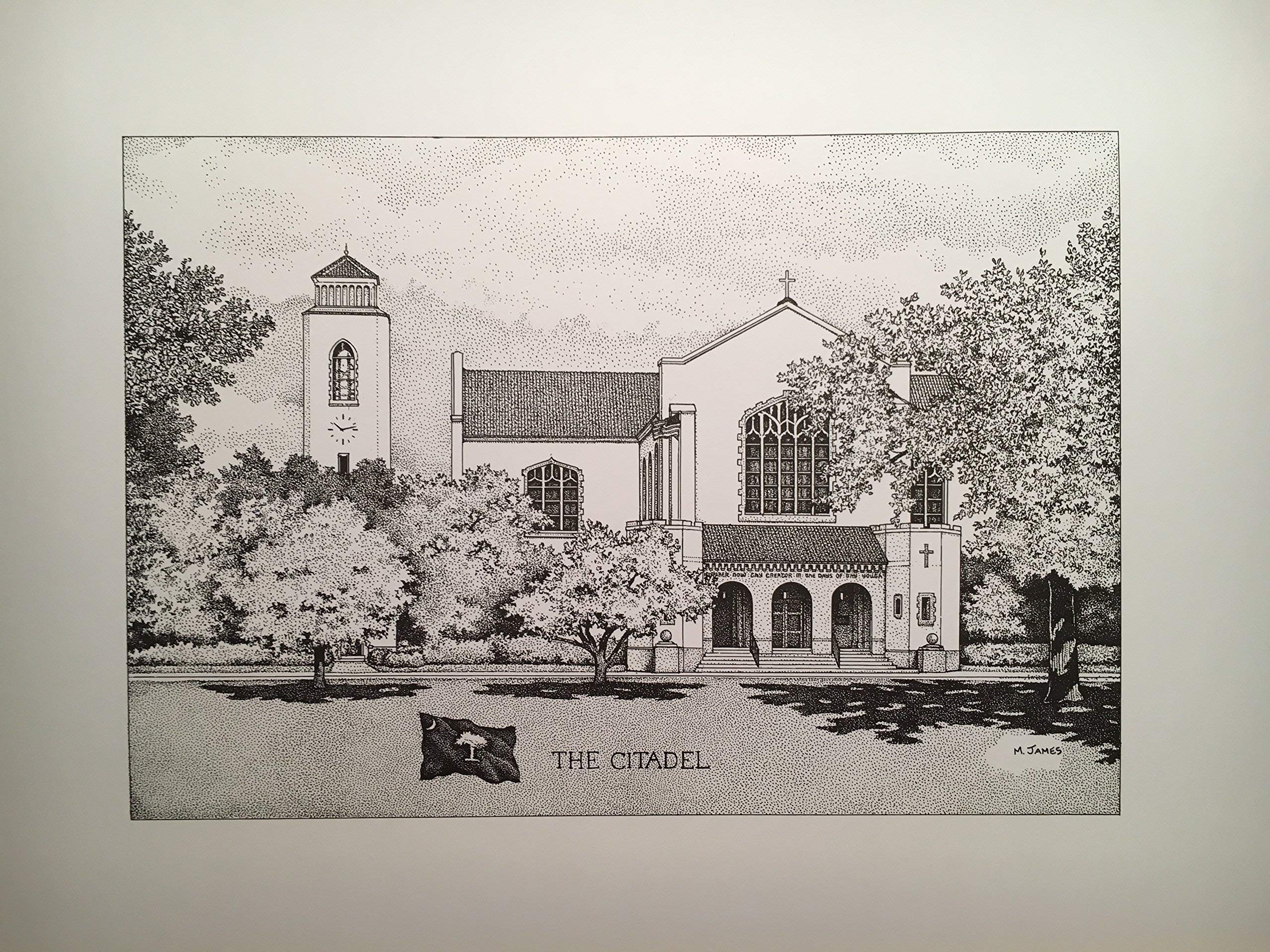 The Citadel Summerall Chapel 11"x14" hand-drawn pen and ink print