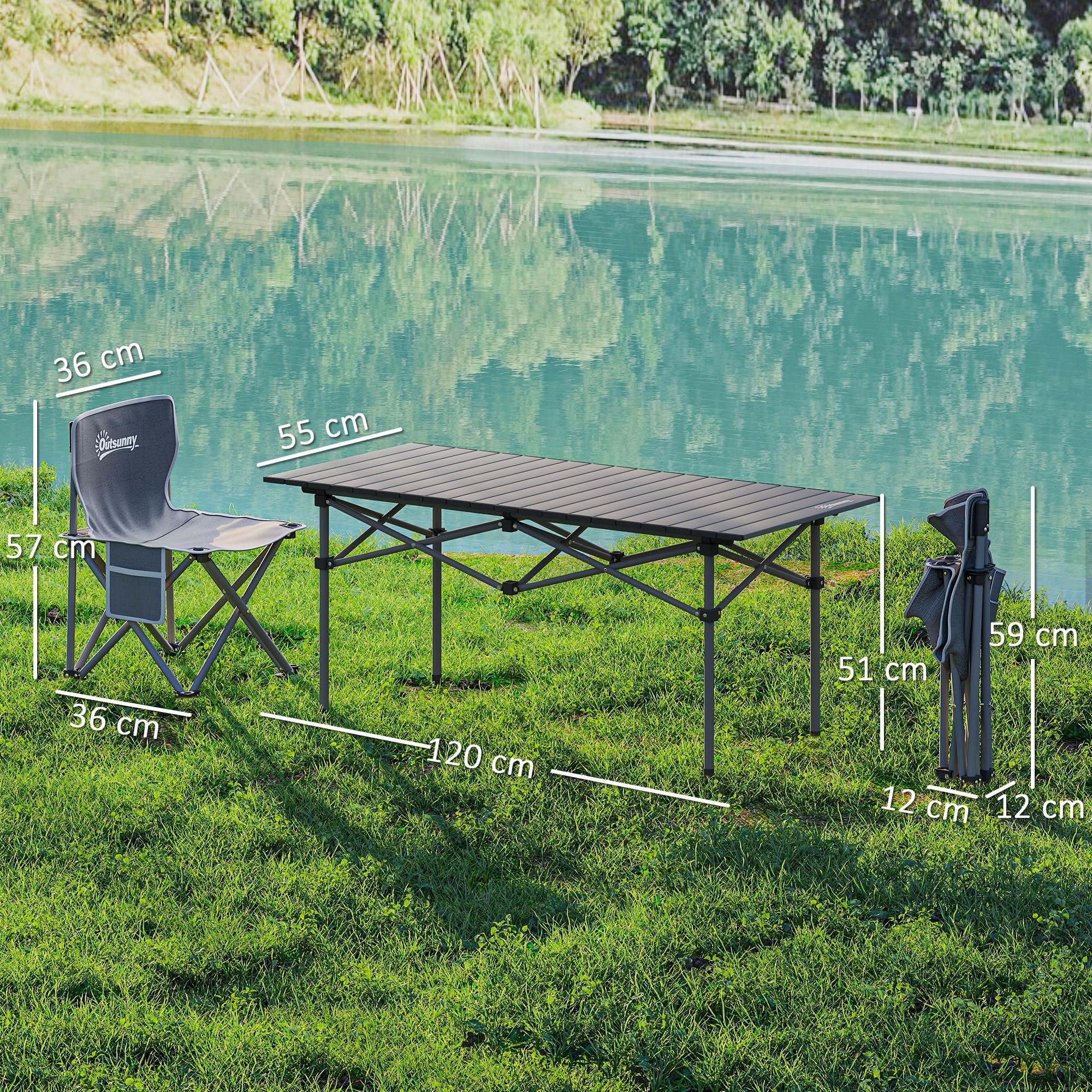Outsunny Table de Camping avec 6 chaises Pliantes, Ensemble Table et Chaise de Camping 7 pièces avec Sacs de Transport et Poches latérales, 120 x 55 x 50 cm, Gris foncé