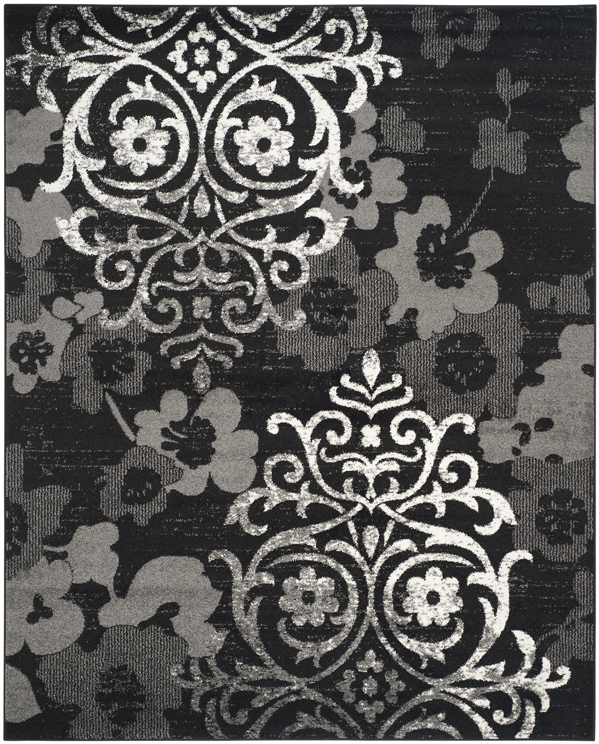 SAFAVIEH Adirondack Collection Area Rug - 9' x 12', Black & Silver, Floral Glam Damask Distressed Design, Non-Shedding & Easy Care, Ideal for High