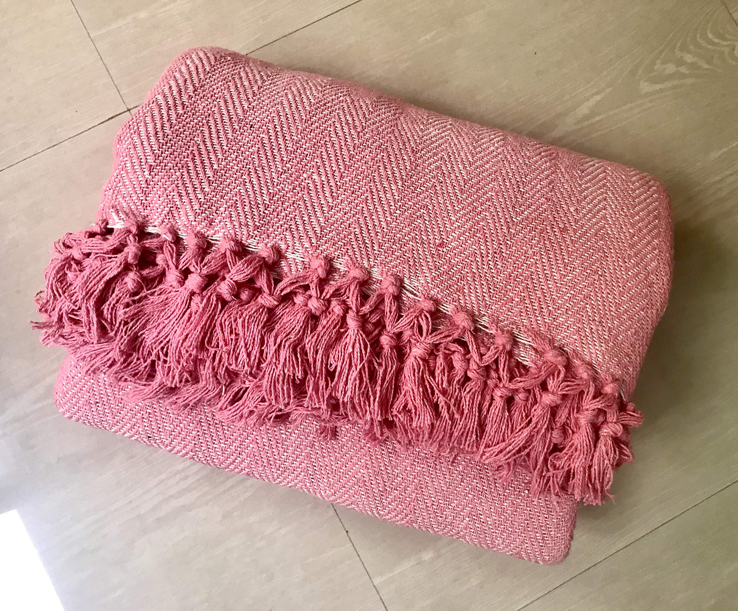 About Home Pink/Nat Cotton Rich Herringbone Blanket Throw, Settee Cover (, 102X102 Inch, King Size, Extra Jumbo Large)