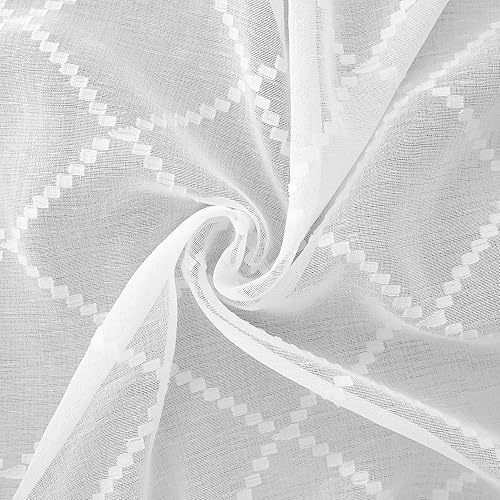 Miniatura 8 de Cortinas blancas para fregadero de cocina de 36 pulgadas de largo, juego de 2 paneles con bolsillo para barra, patrón geométrico, textura de lino,