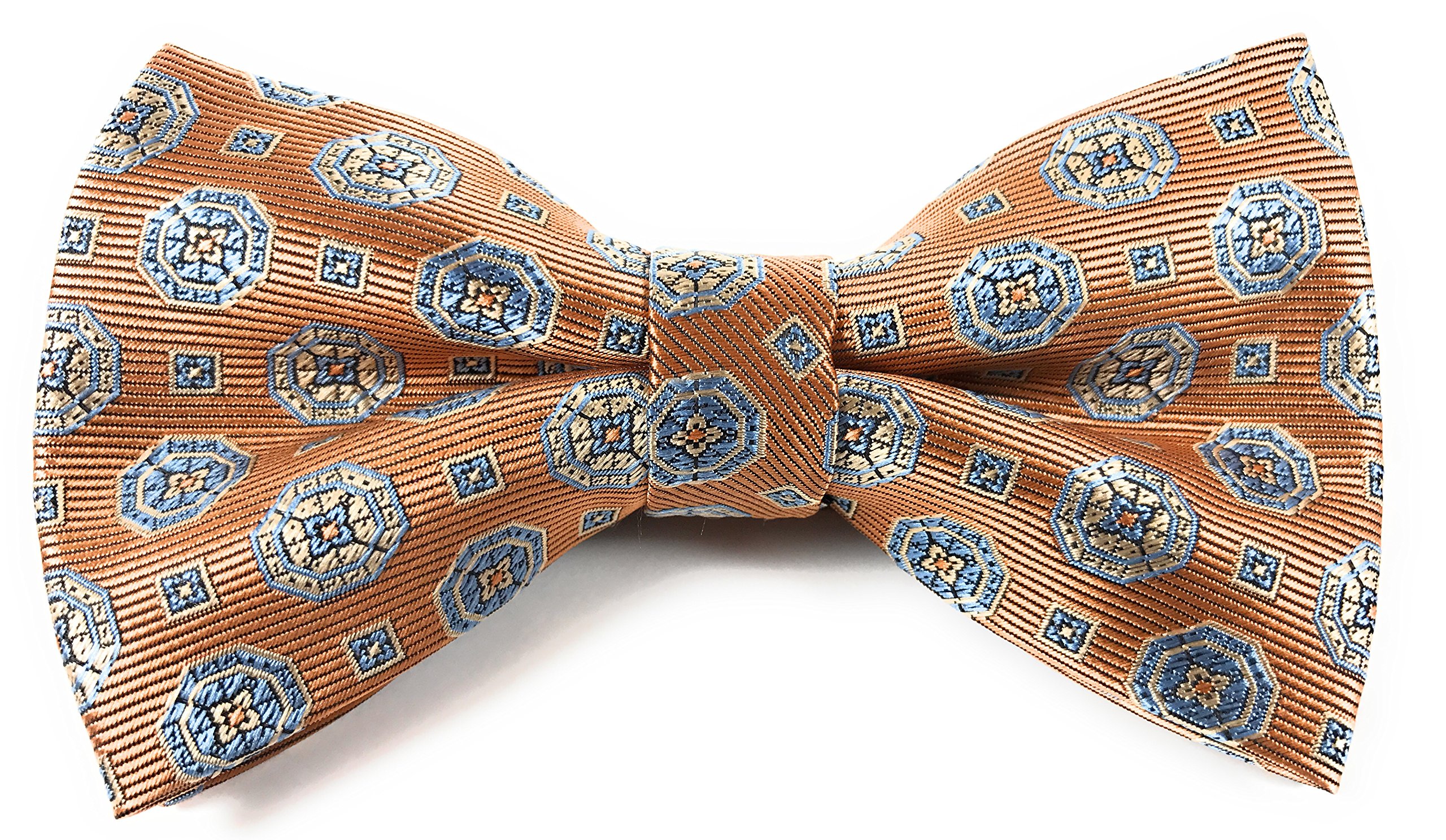 Bronze Orange Woven Pre-Tied Bow Tie with Light Steel Blue and Beige Talisman Pattern