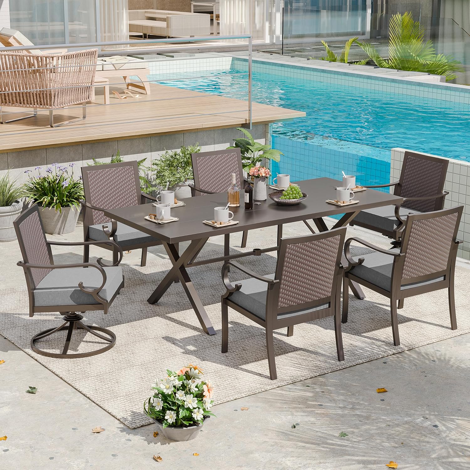 Rwnnad 7 Piece Patio Dining Set Outdoor Furniture with 2