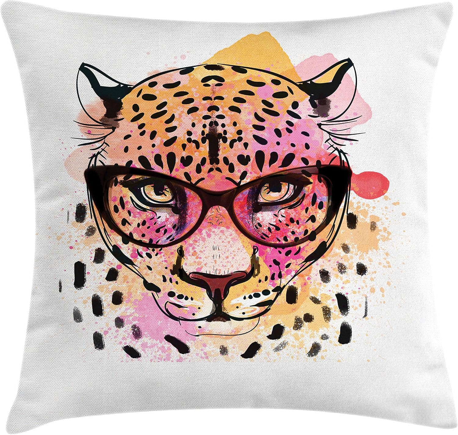 Ambesonne Animal Throw Pillow Cushion Cover, Watercolor Style Portrait of Leopard Glasses Splashing Paint Art, Decorative Square Accent Pillow Case, 18" X 18", Orange Brown Pink 18 x 18-Inch Orange Brown Pink