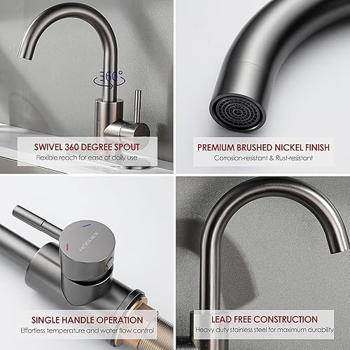 Miniatura 2 de RODDEX Grifo de fregadero de barra húmeda de acero inoxidable con un orificio giratorio 360 con placa de cubierta de 3 agujeros, pequeño y moderno