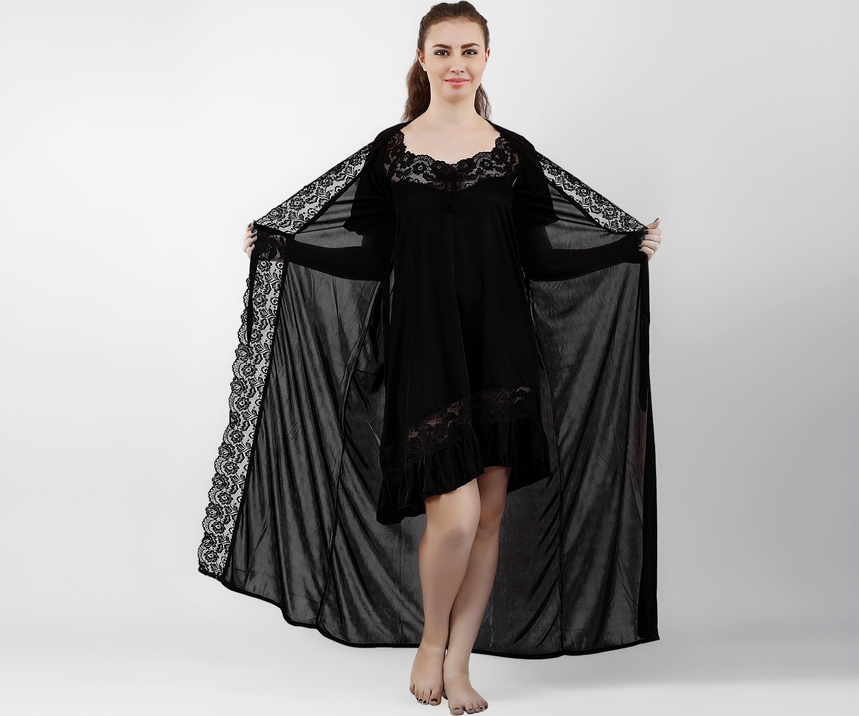 Romaisa Women's Solid Maxi Satin Nighty with Robe, Free Size Nightwaer (Pack of 2) GPR-RN268-346