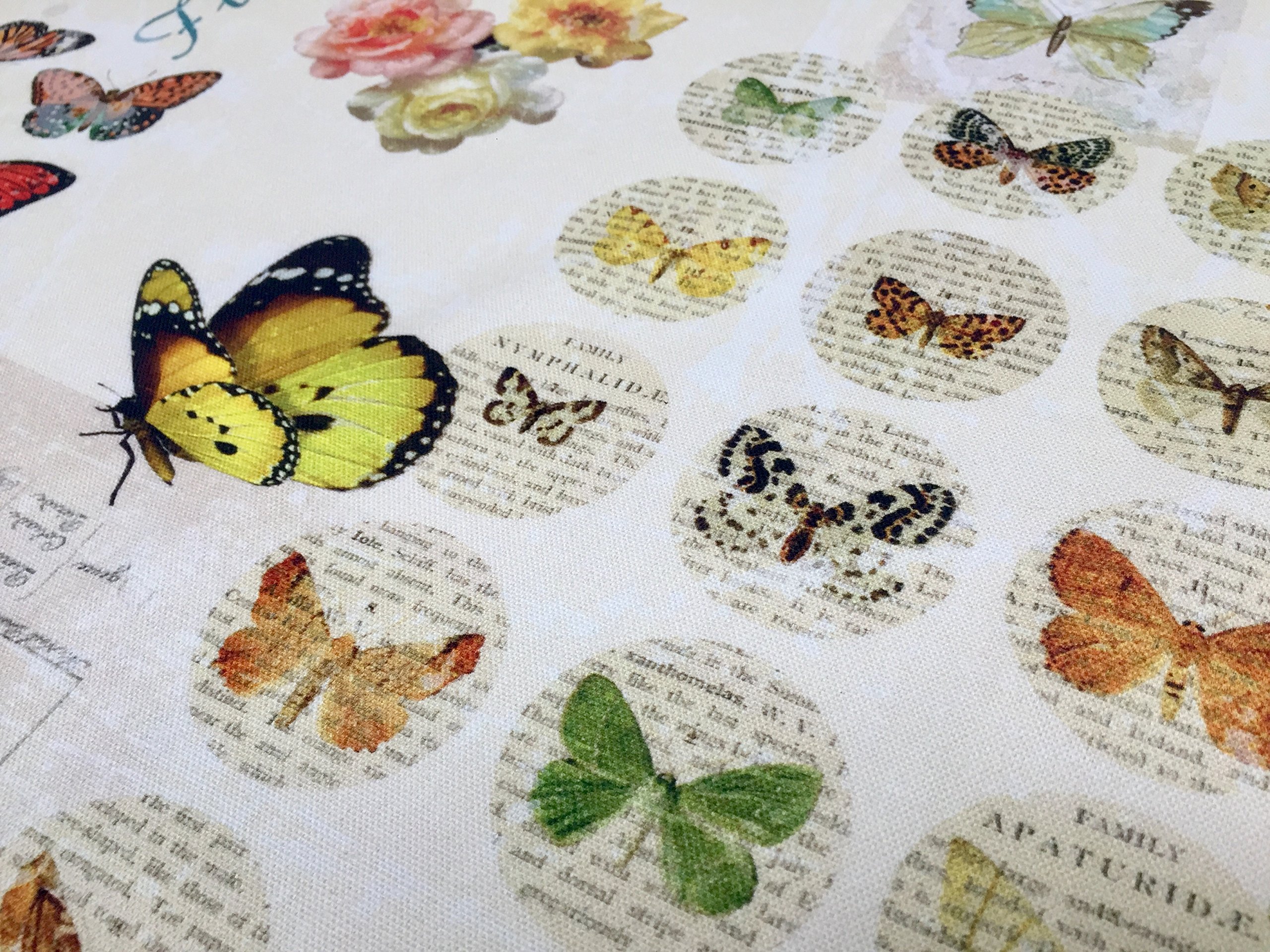 HomeBuy Vintage Butterfly Music Note Fabric Cotton Material for Curtains Upholstery Dress - Floral Digital Print Textile - 140cm wide canvas (sold by the metre)