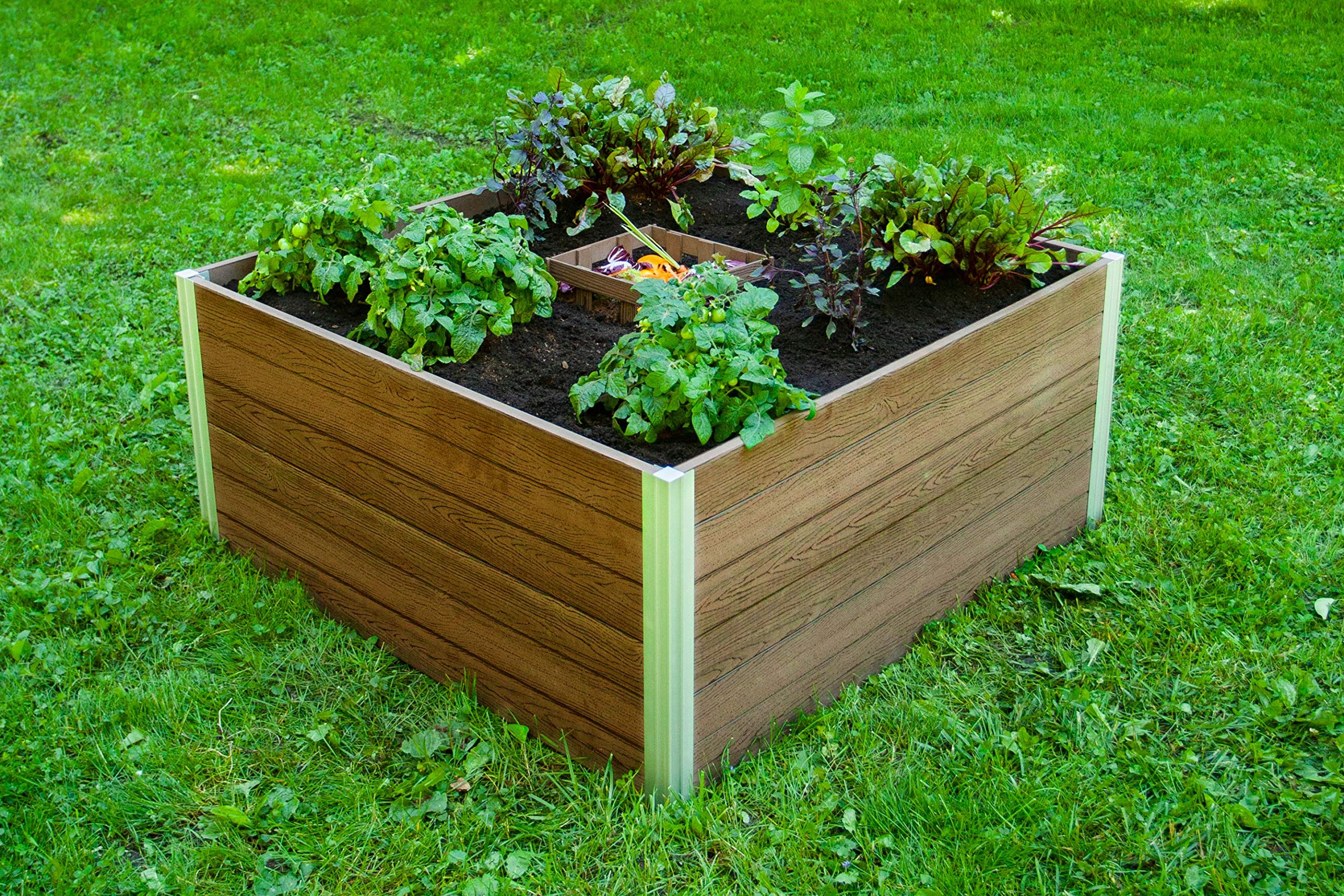Vita Urbana 4 Foot x 4 Foot x 22 inch Embossed Vinyl Keyhole Garden with Composting Basket, Espresso Brown with Silver Aluminum Posts, PVC, BPA and Pthalate Free, Woodgrain, VT17501