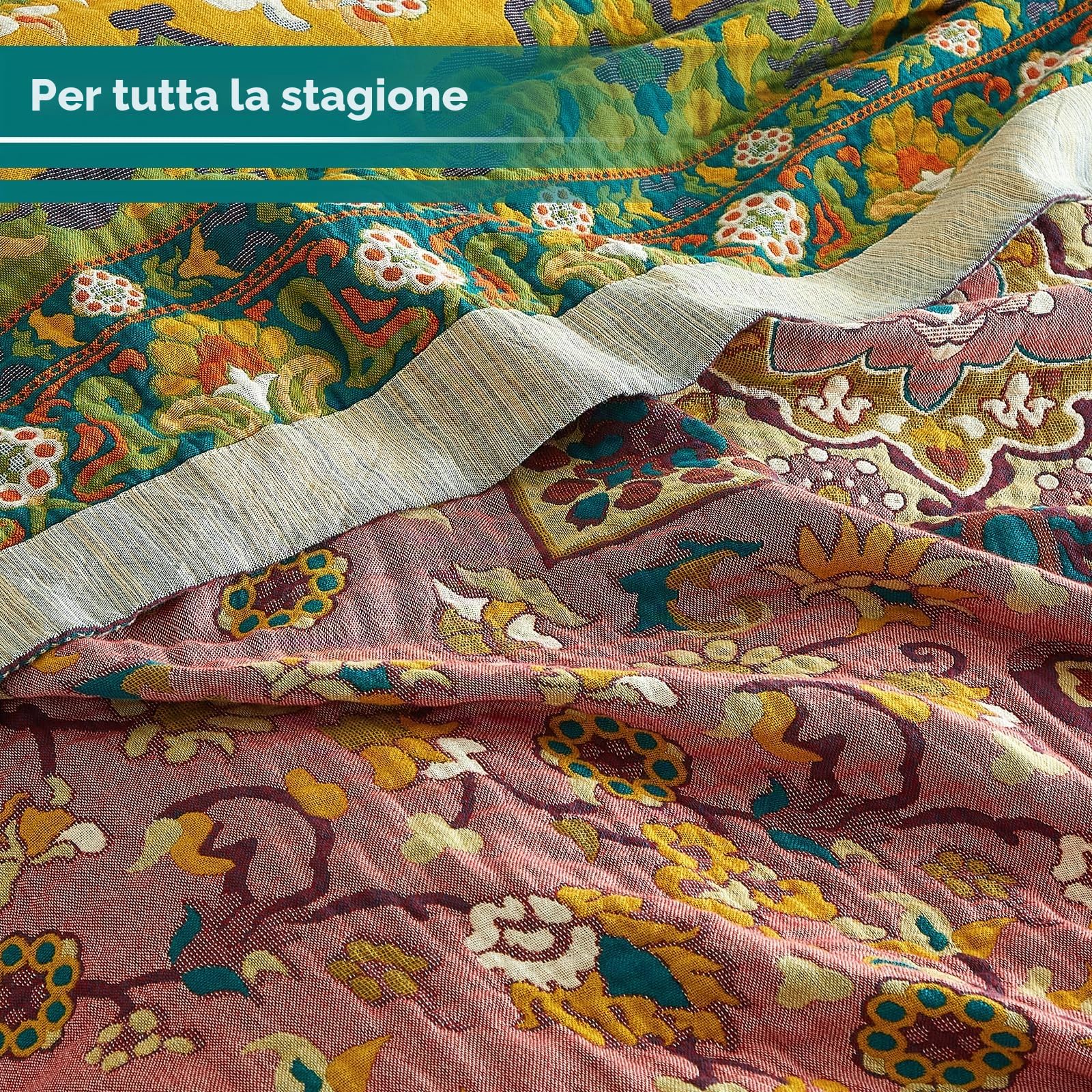 Bailix Copriletto boho di alta qualità, 100% cotone, double face, 200 x 230 cm, morbida coperta per divano e copriletto, coperta patchwork, coperta per soggiorno, rosa/arancione