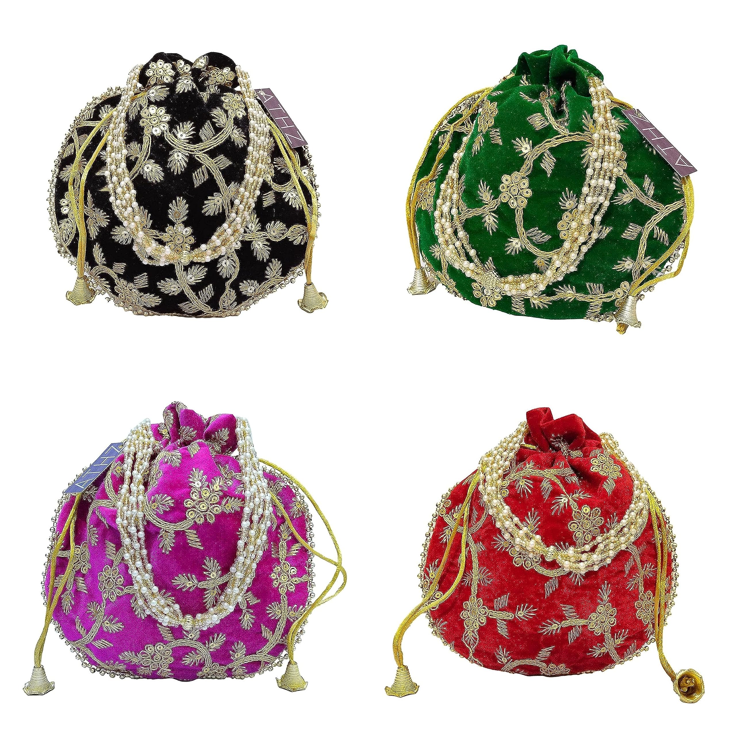 Potli Bag Velvet Golden work Multi-color wedding potli for ladies Gift for women handbags traditional Indian Wristlet with Drawstring Ethnic Embroidery Fashion Potli-image-43