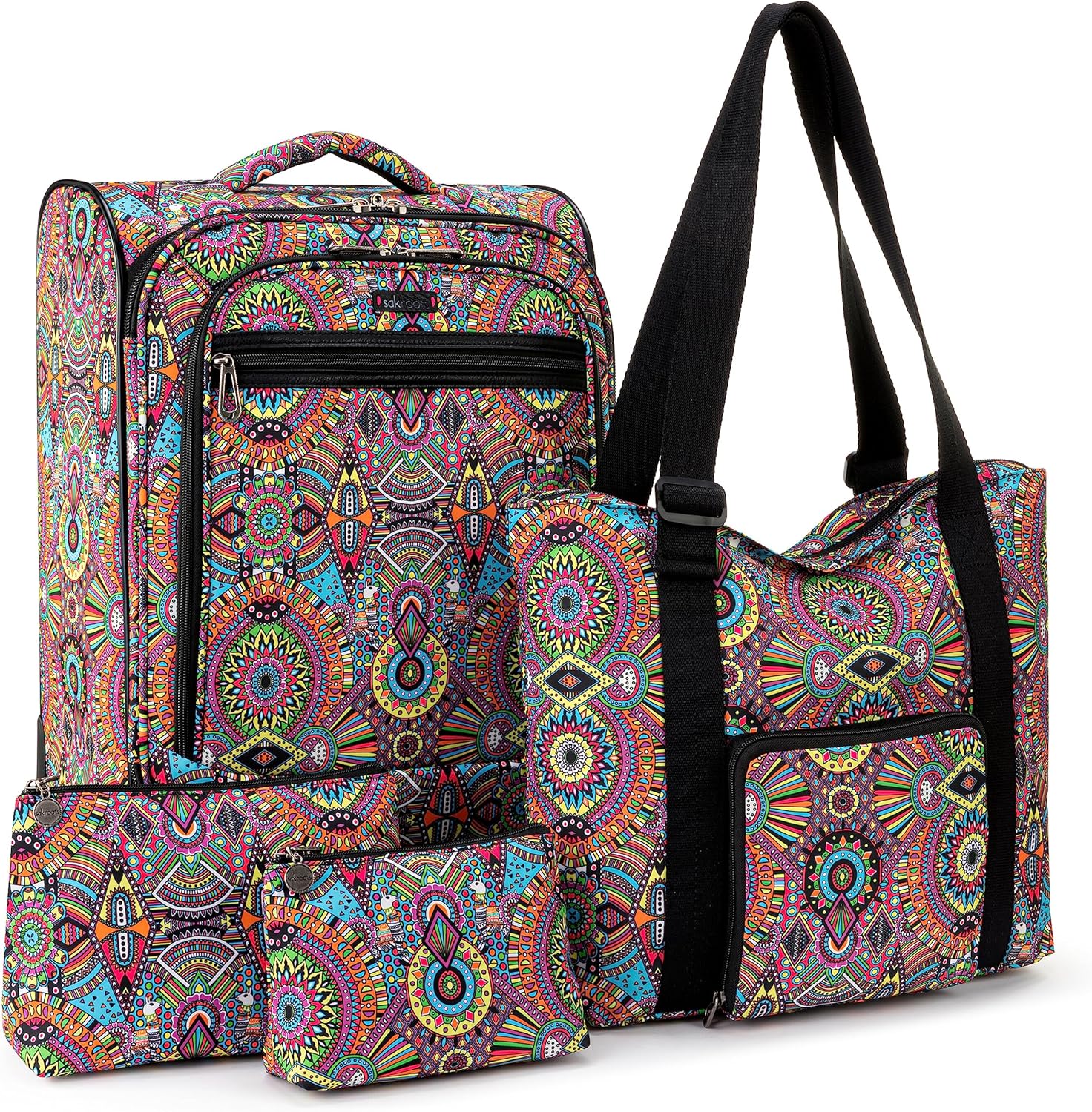 Sakroots On the Go 4 Piece Travel Bundle, Includes 21" Rolling Suitcase, Packable Large Tote, Medium & Small Pouches