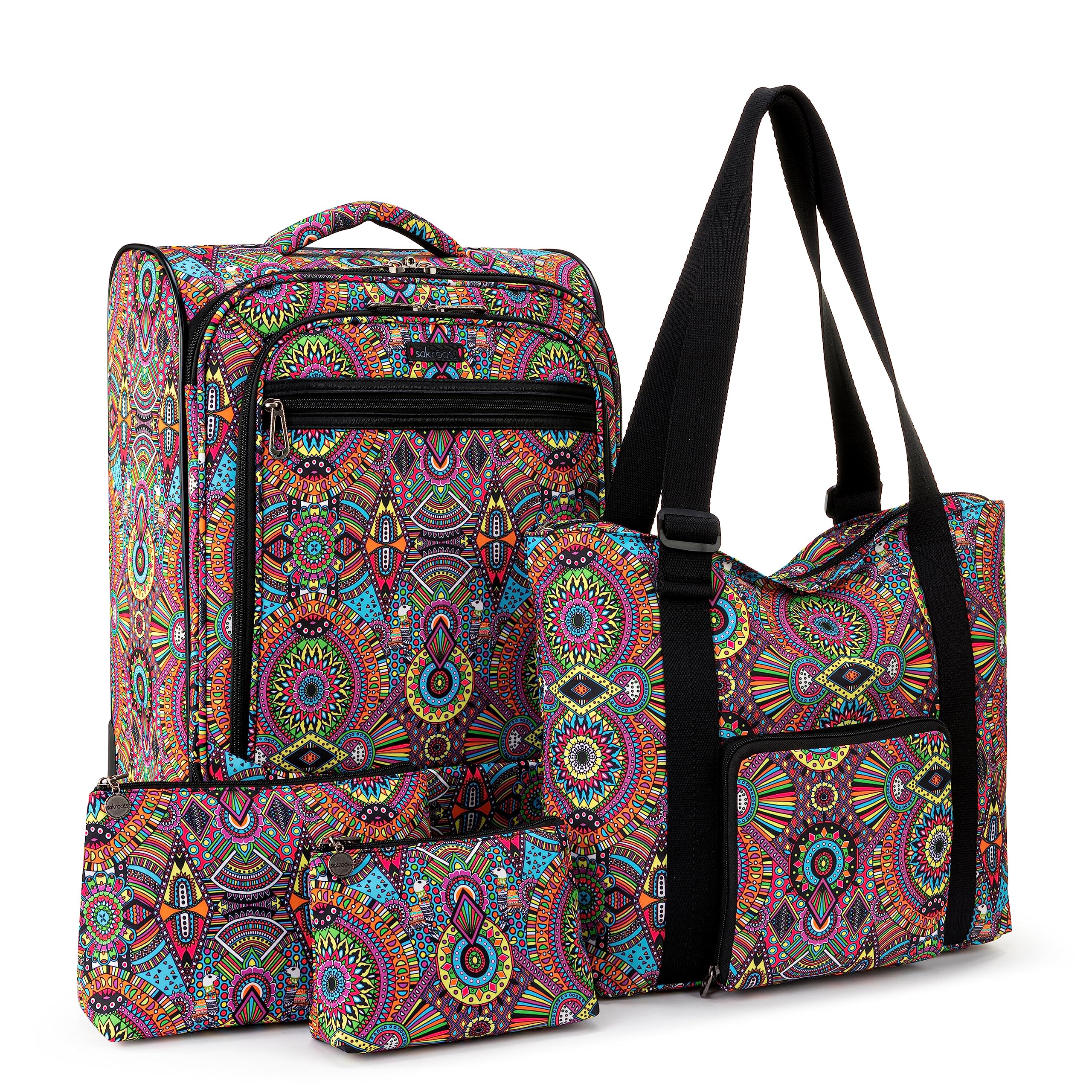 Sakroots On the Go 4 Piece Travel Bundle, Includes 21" Rolling Suitcase, Packable Large Tote, Medium & Small Pouches