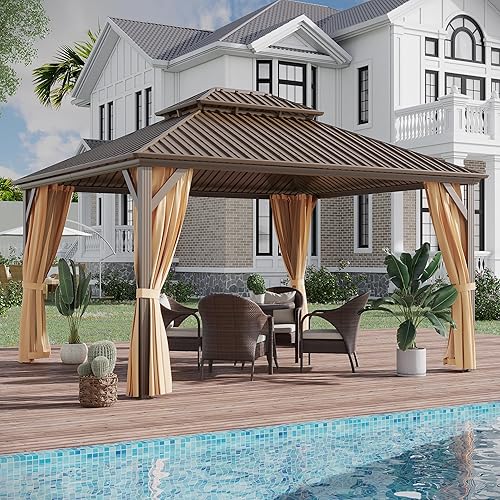 Miniatura 3 de Cenador permanente de techo rígido de 10 x 12 pies, toldo de pérgola de pabellón de doble techo de acero galvanizado para exteriores, con marco de