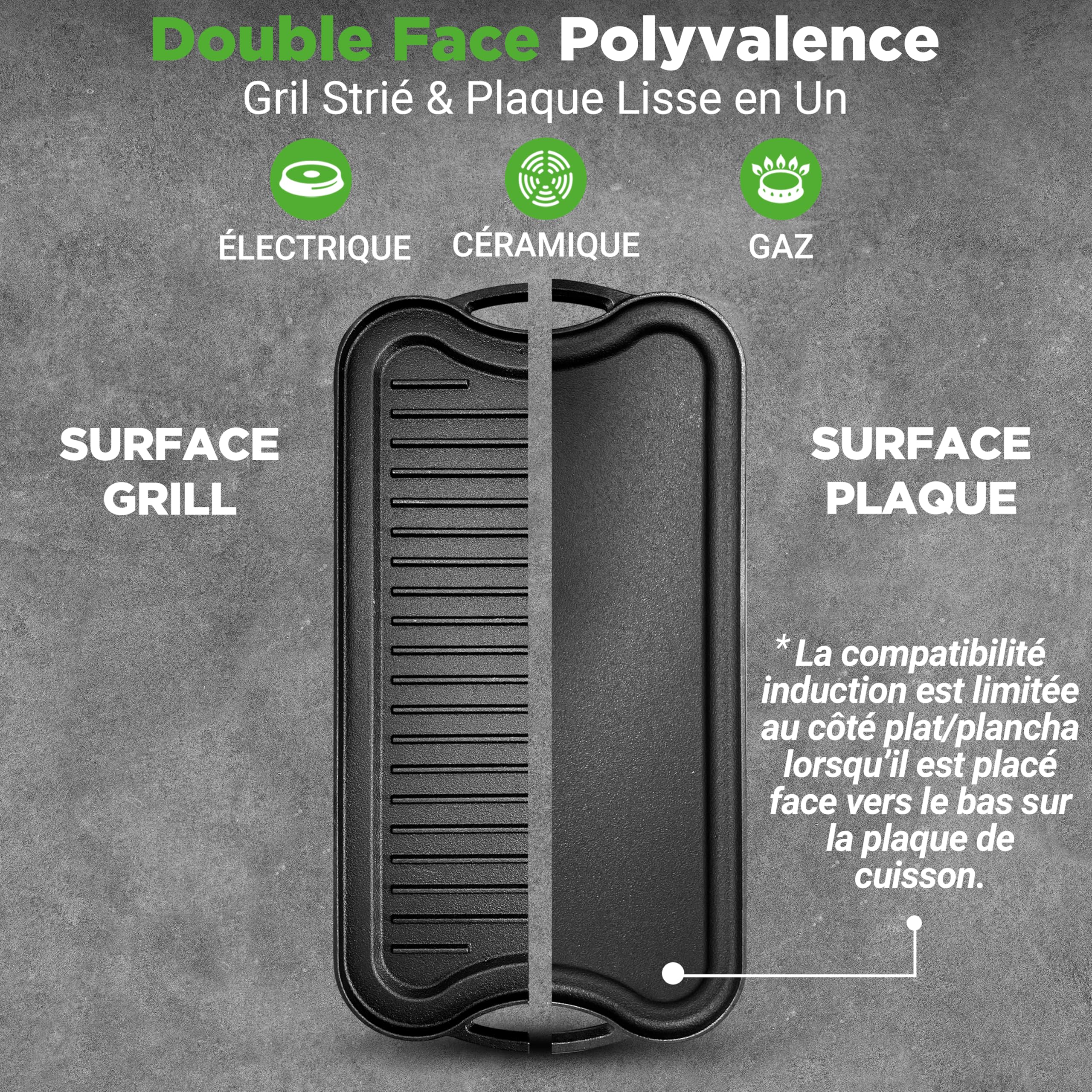 Nutrichef Plaque à Griller Réversible en Fonte-Plancha-Plancha pour Induction-Côtés Plat et Strié-Extra Large-Compatible Four -Sans PFOA et PFOS- Compatible avec Plusieurs Types de Plaques de Cuisson