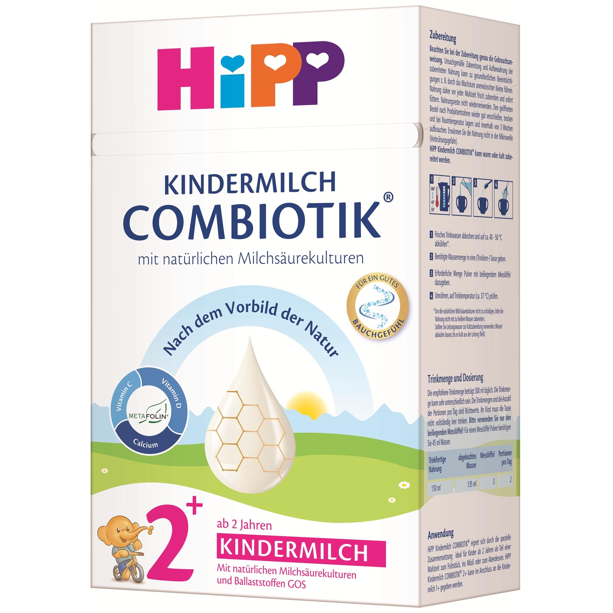 HiPP Kindermilch Combiotik 2+ (4 x 600g) ab 2 Jahren, mit natürlichen Milchsäurekulturen und Ballaststoffen, Calcium, Vitamine C und D, für ein gutes Bauchgefühl
