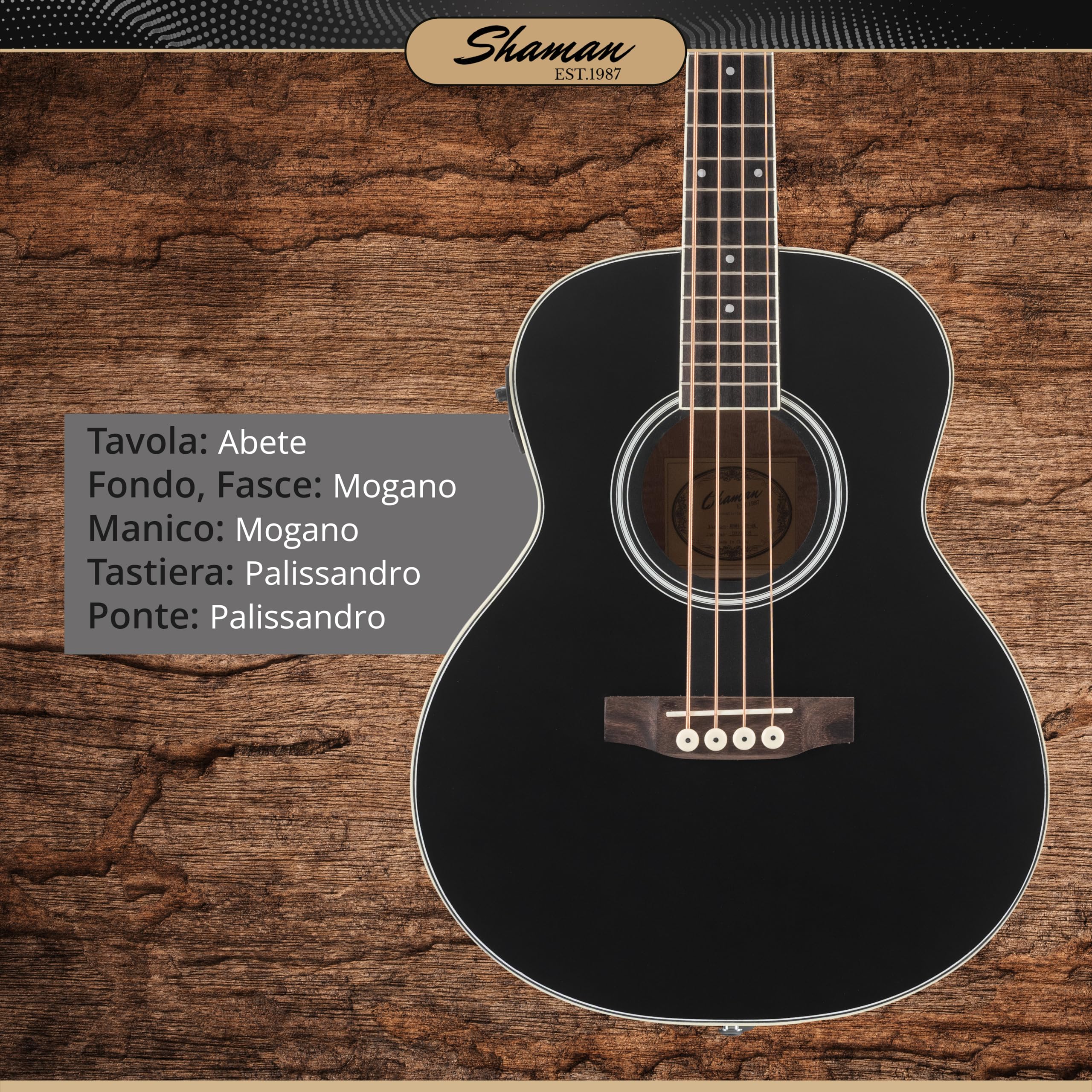Shaman ABM4-50E-BK Basso Acustico Nero, Generale, Modello: ABM4-50E-BK | Serie: AB Mini, Peso: 1, 74 kg, Numero di corde: 4, Orientamento: Destrimano, Corpo, Forma corpo: AB Mini, Tavola: Abete