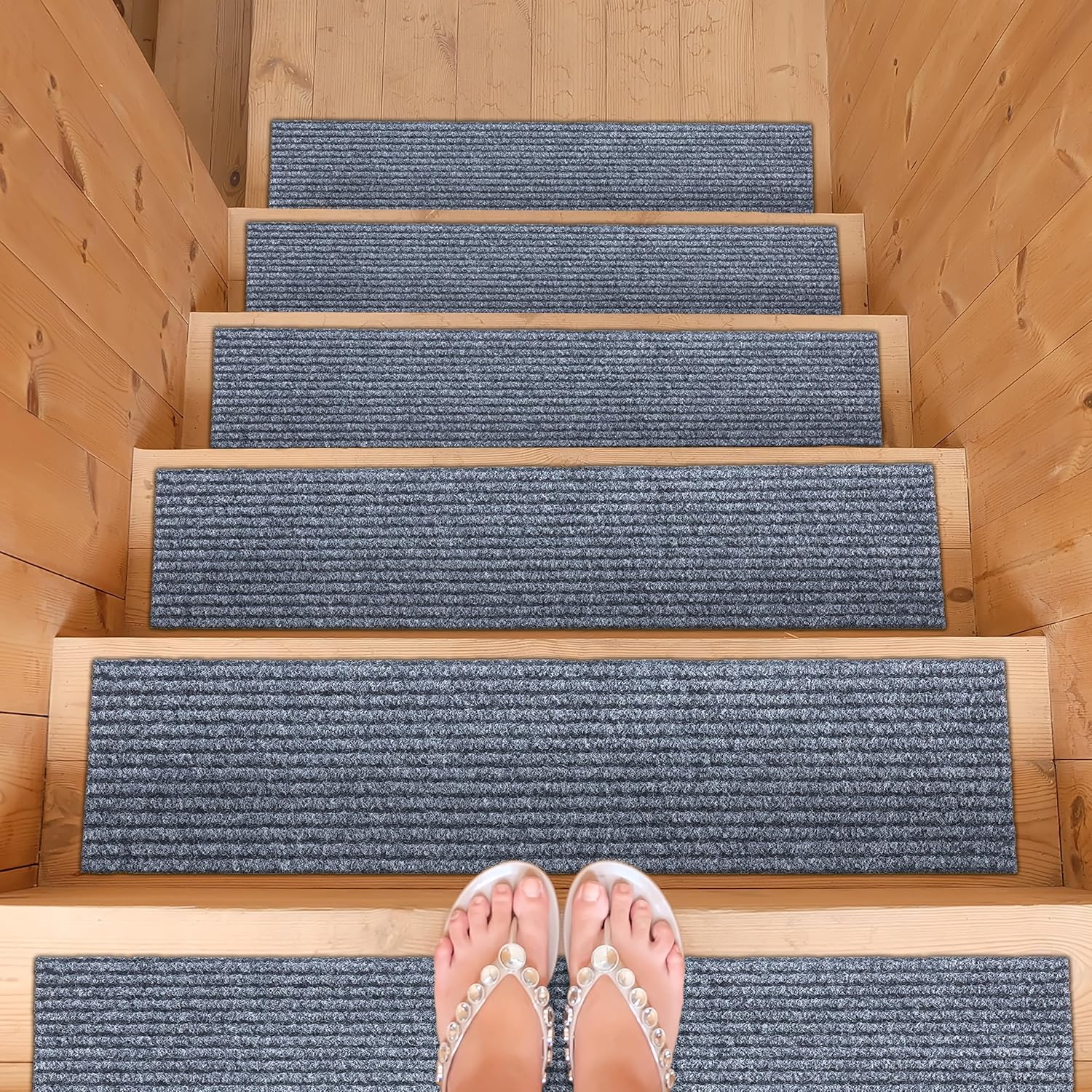 Ottomanson Gray Non-Slip Rubberback Stair Treads 8x30 Inch 7-Pack - Indoor/Outdoor Ultra-Thin Safety Rugs