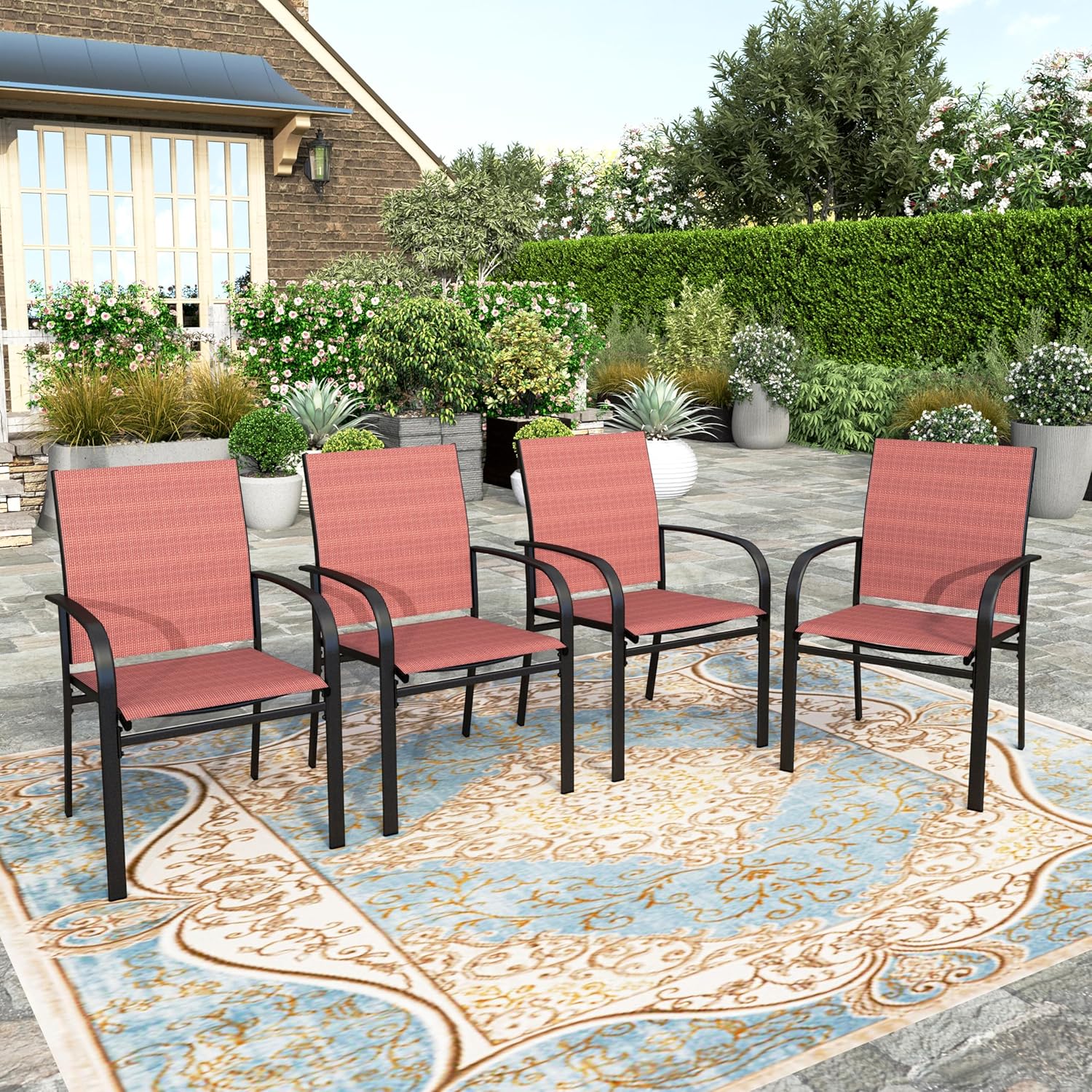 HERA'S HOUSE Patio Dining Chairs Set of 4, 36 Textilene Fabric Outdoor Chair with Wrought Iron Metal Frame Support 350lbs for Lawn Garden Backyard Kitchen, Red
