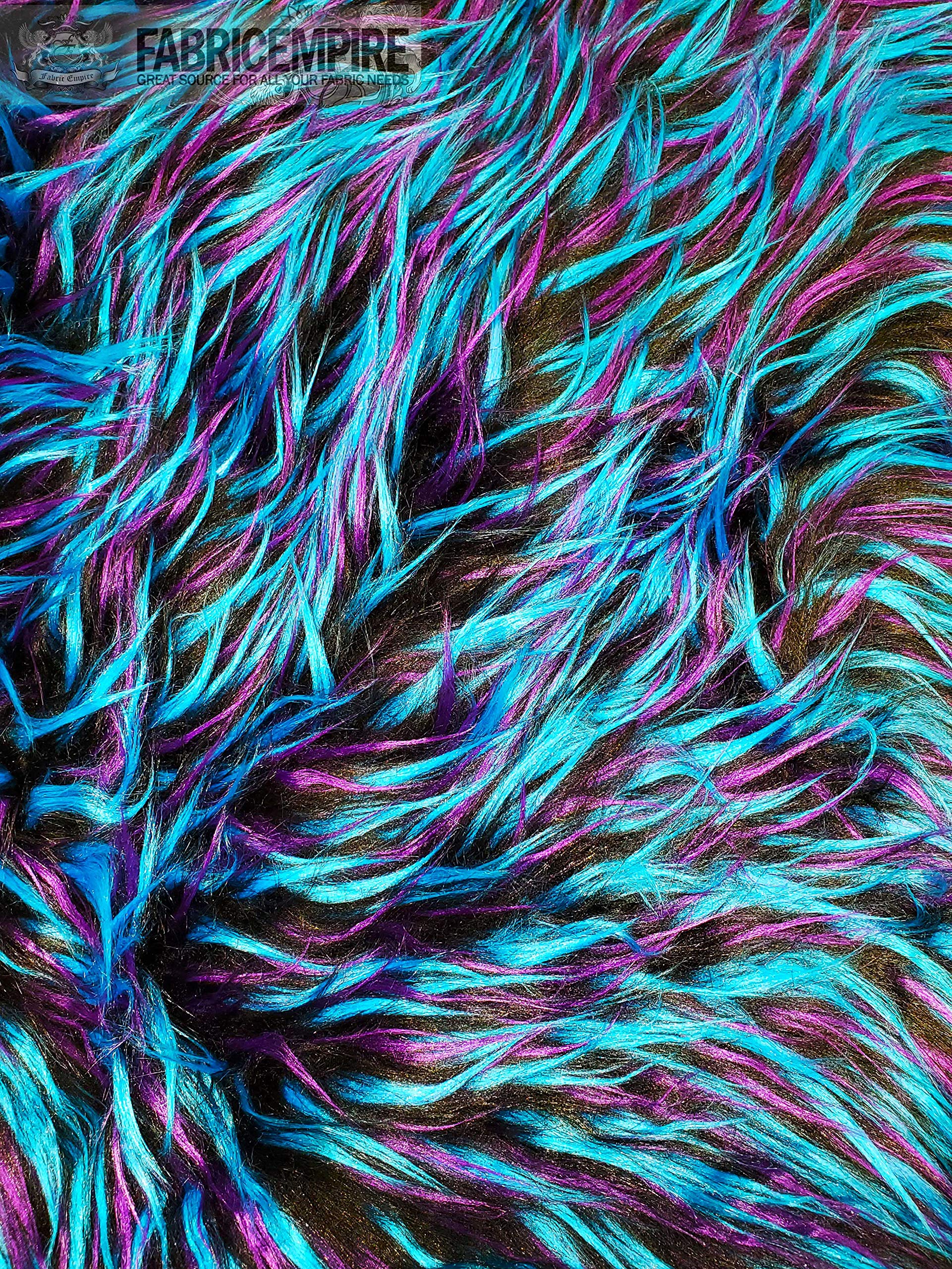 Faux Fake Fur Fabric Long Pile 3 Tone Spike Black Turquoise Purple / 60" Wide/Sold by The Yard