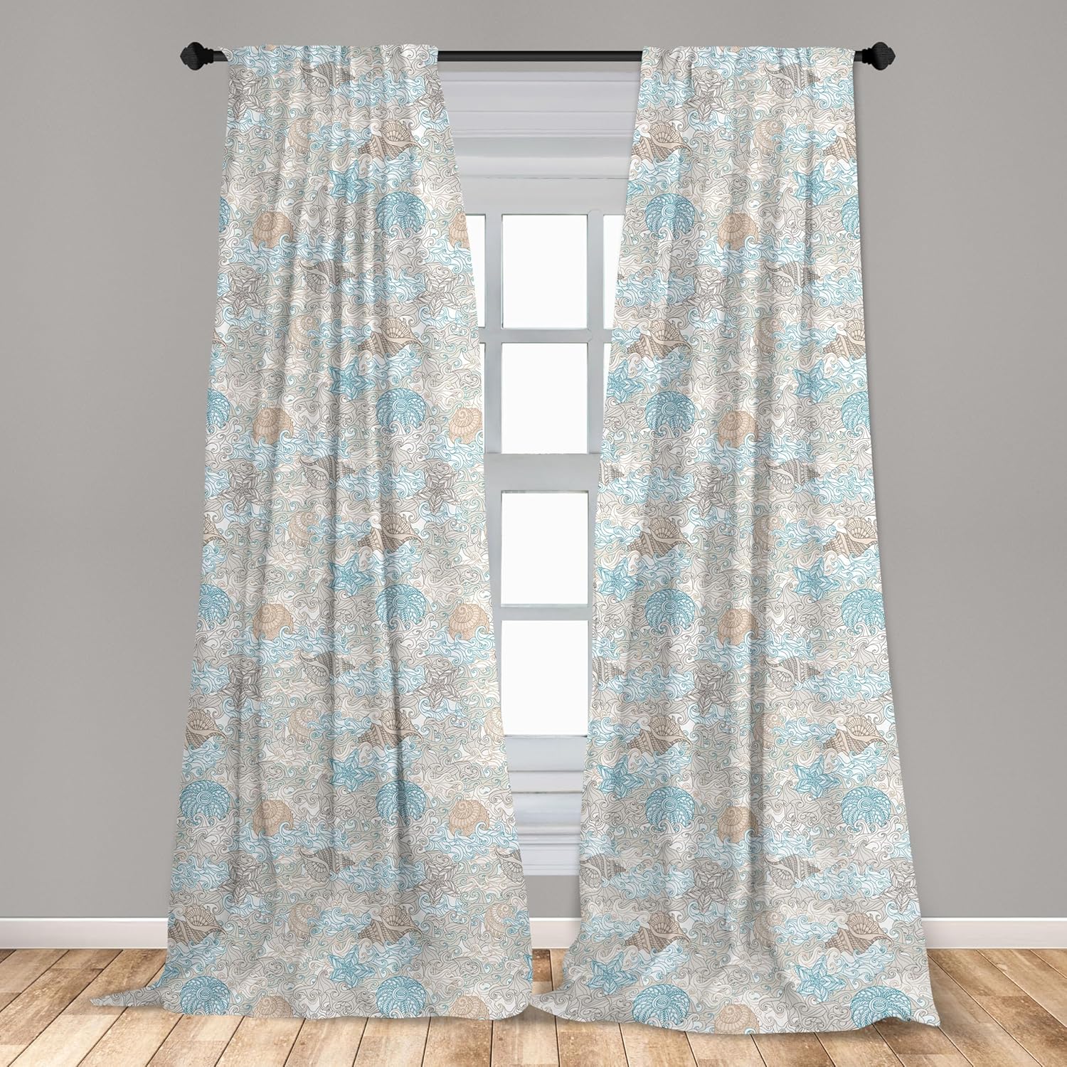 Ambesonne Nautical Window Curtains Pack of 2, Pastel Toned Sea Shell Starfish Mollusk Seahorse Coral Reef Motif Design, Lightweight Set with Rod Pocket, 4 Panels of - 28" x 63", Tan Turquoise White