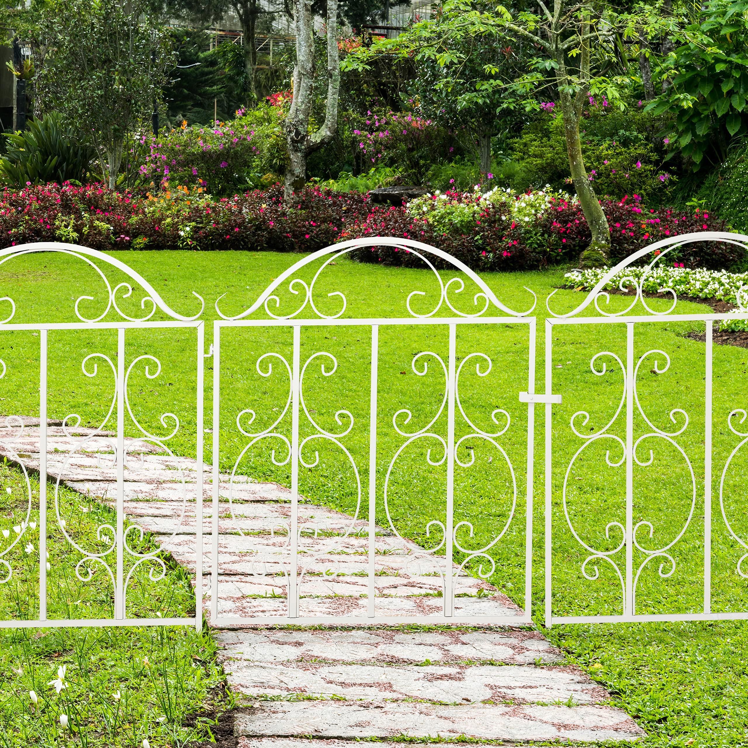 Relaxdays Puerta de Jardín, 3 Piezas, Acero, Adornos de Arabescos, 2 Paneles Laterales de Valla, 98,5 x 185 cm, Blanco