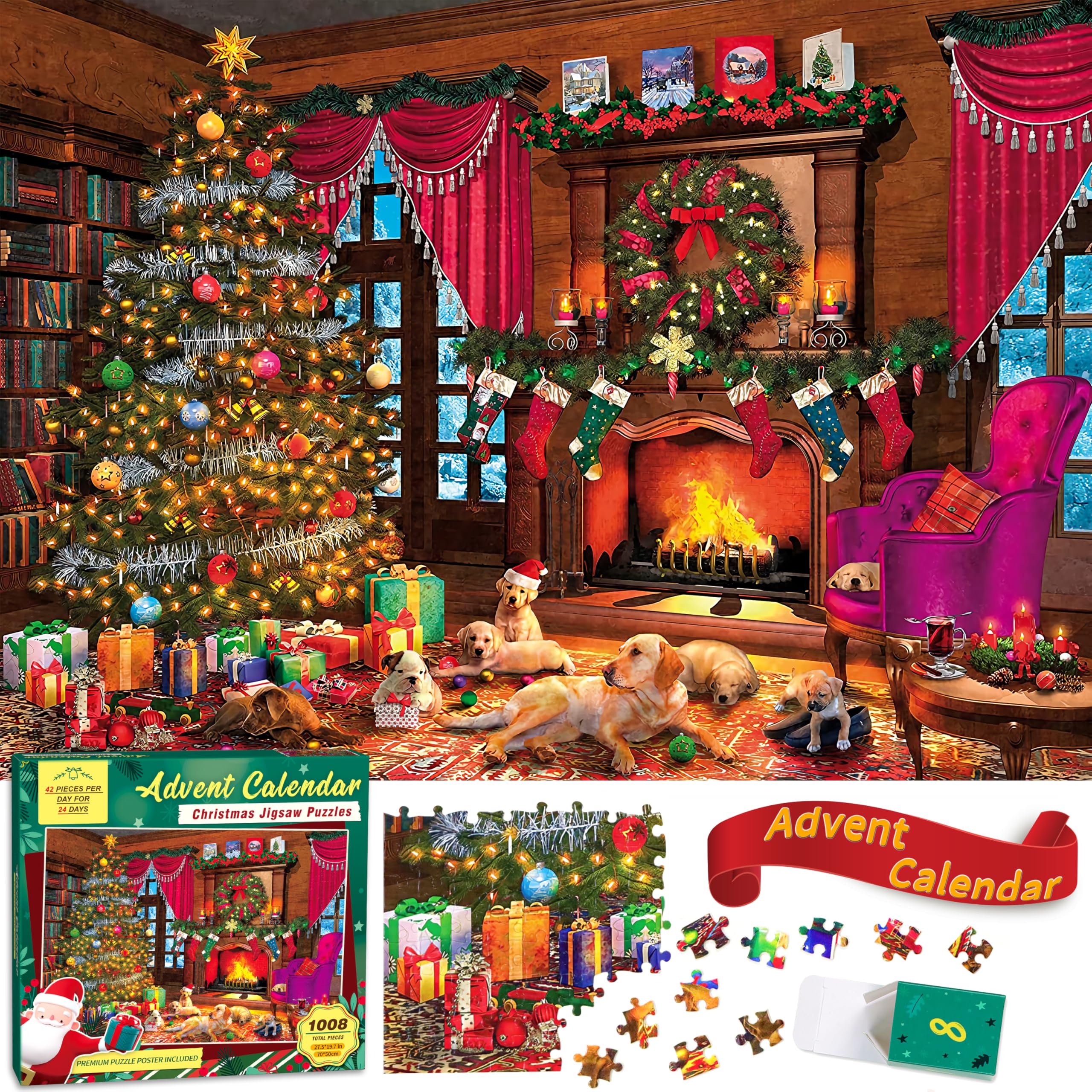 Christmas Puppies Advent Calendar 2025 Jigsaw Puzzle - 24 Boxes Packing 1008 Pieces Holiday Puzzle for Adults and Kids, Christmas Countdown Puzzles Gift Decorations 27.5inx19.7in