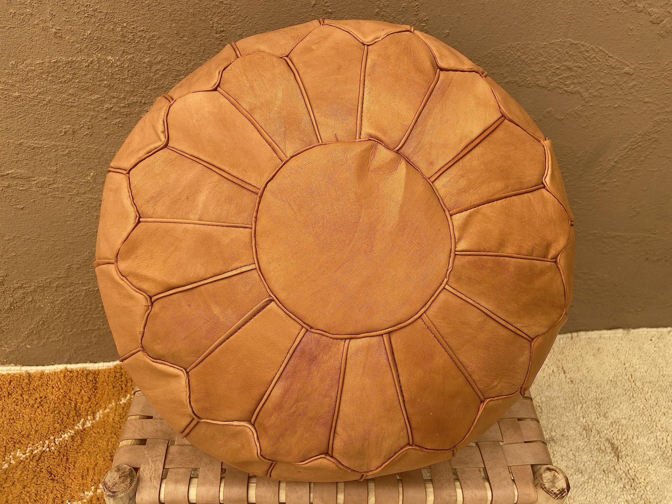 KESHMARK Luxury Round Pouf Handmade Comfortable Boho Ottoman & Footrest Premium Goat Leather (Unstuffed) (Tan (Edge Design))