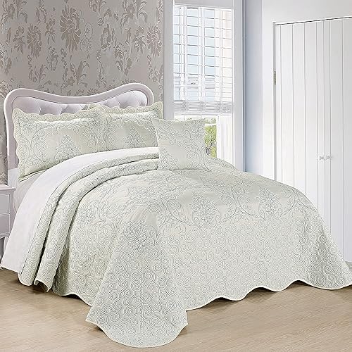 Home Soft Things Juego de colcha de damasco de 4 piezas, edredón reversible con borde festoneado, juego de ropa de cama prelavado, patrón floral en