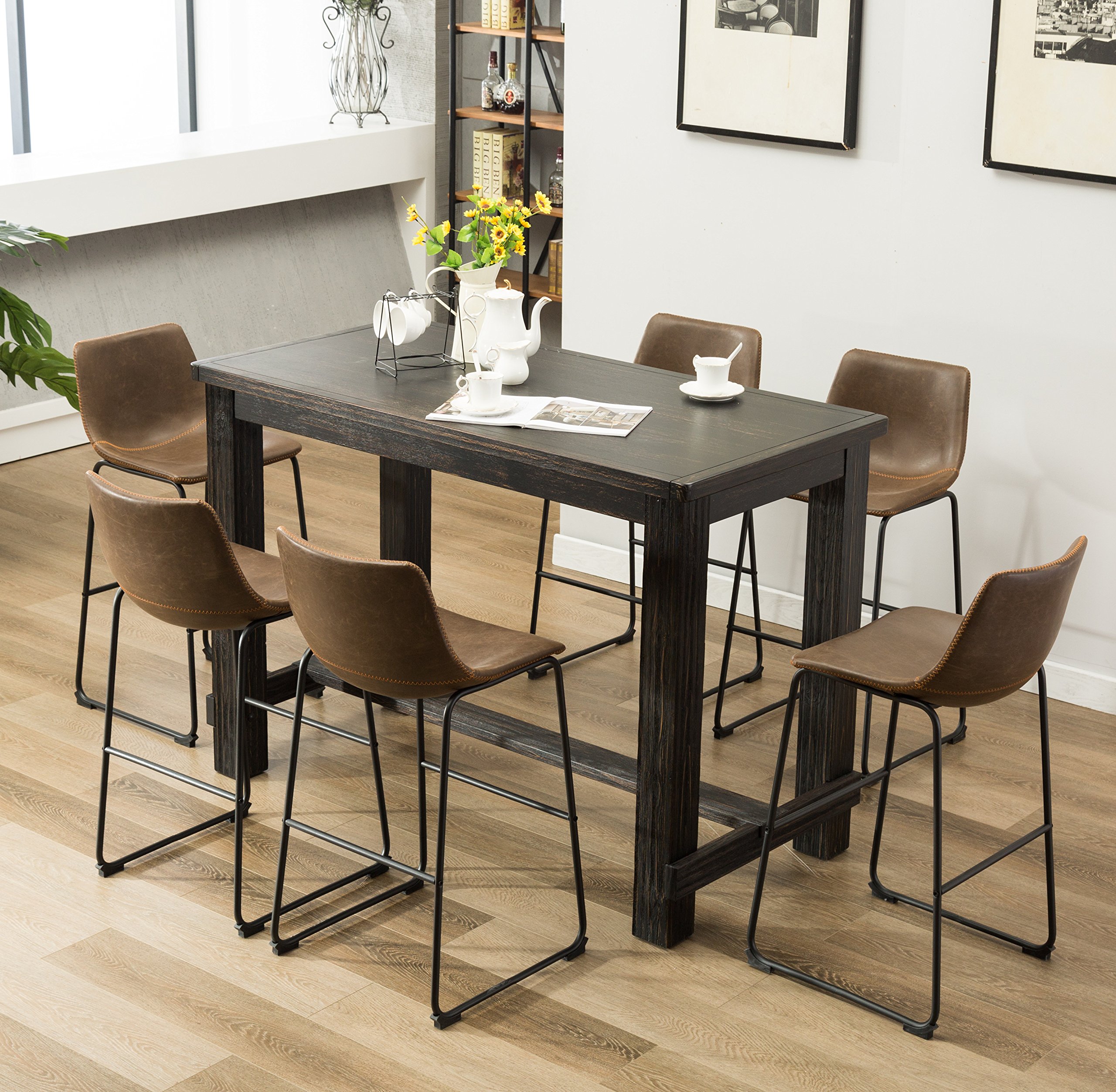 Lotusville 7-Piece Set with Faux Leather Bar Stools, Vintage Brown