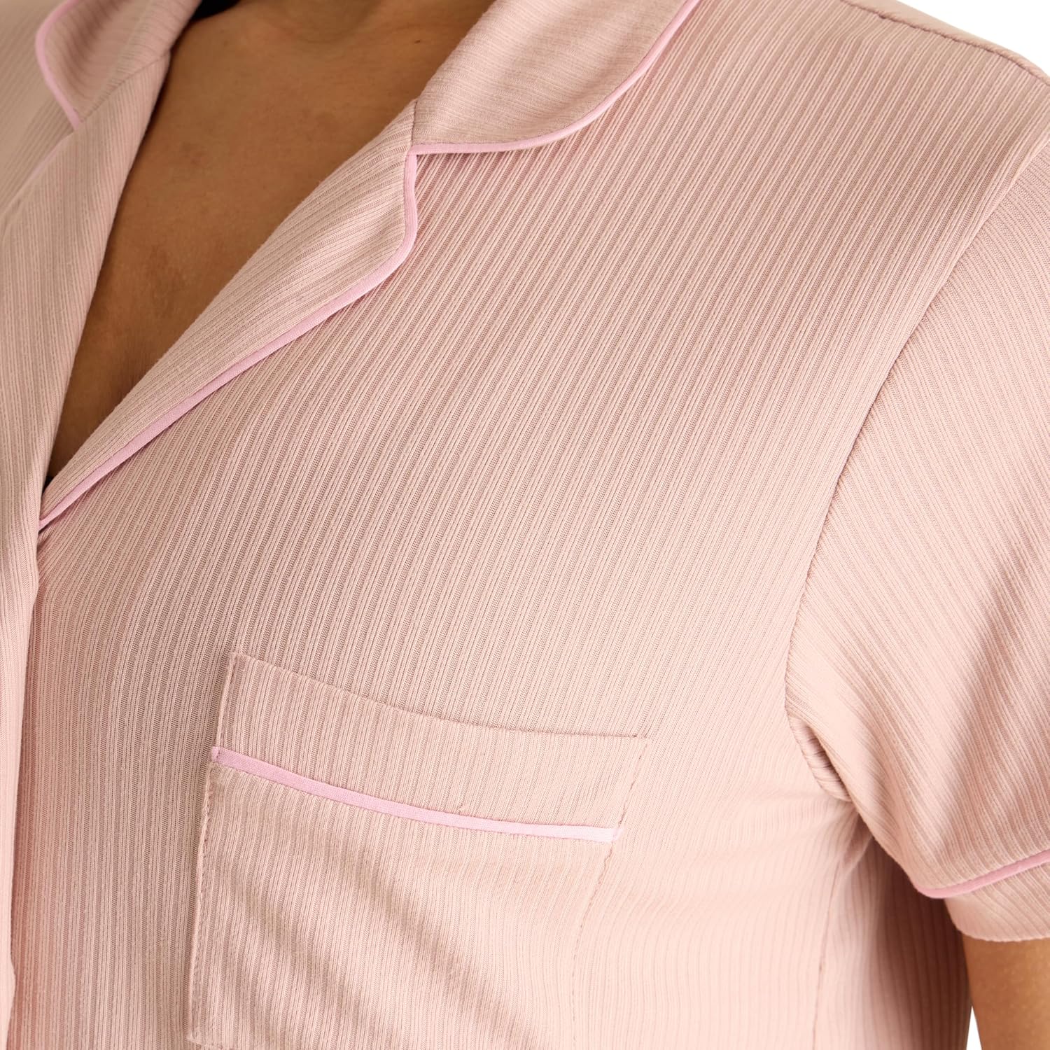 BCBGMAXAZRIA womens Ribbed Pajama Set Short Sleeve Notch Collar With Pants - Image 4