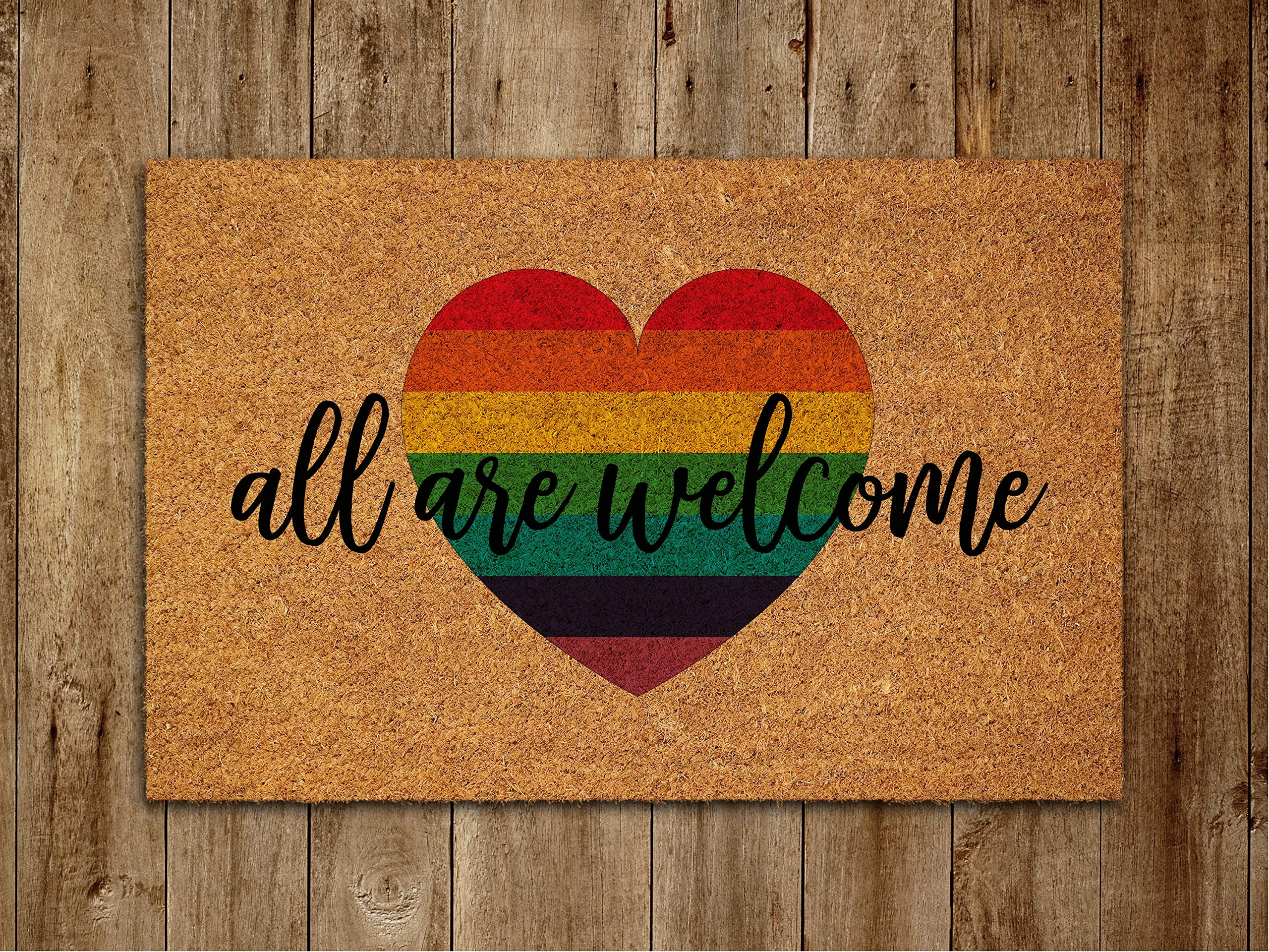 Ensound All Are Welcome Rainbow Heart Door Mat - Funny Rainbow Doormat, 36x24 Inch, Indoor/Outdoor