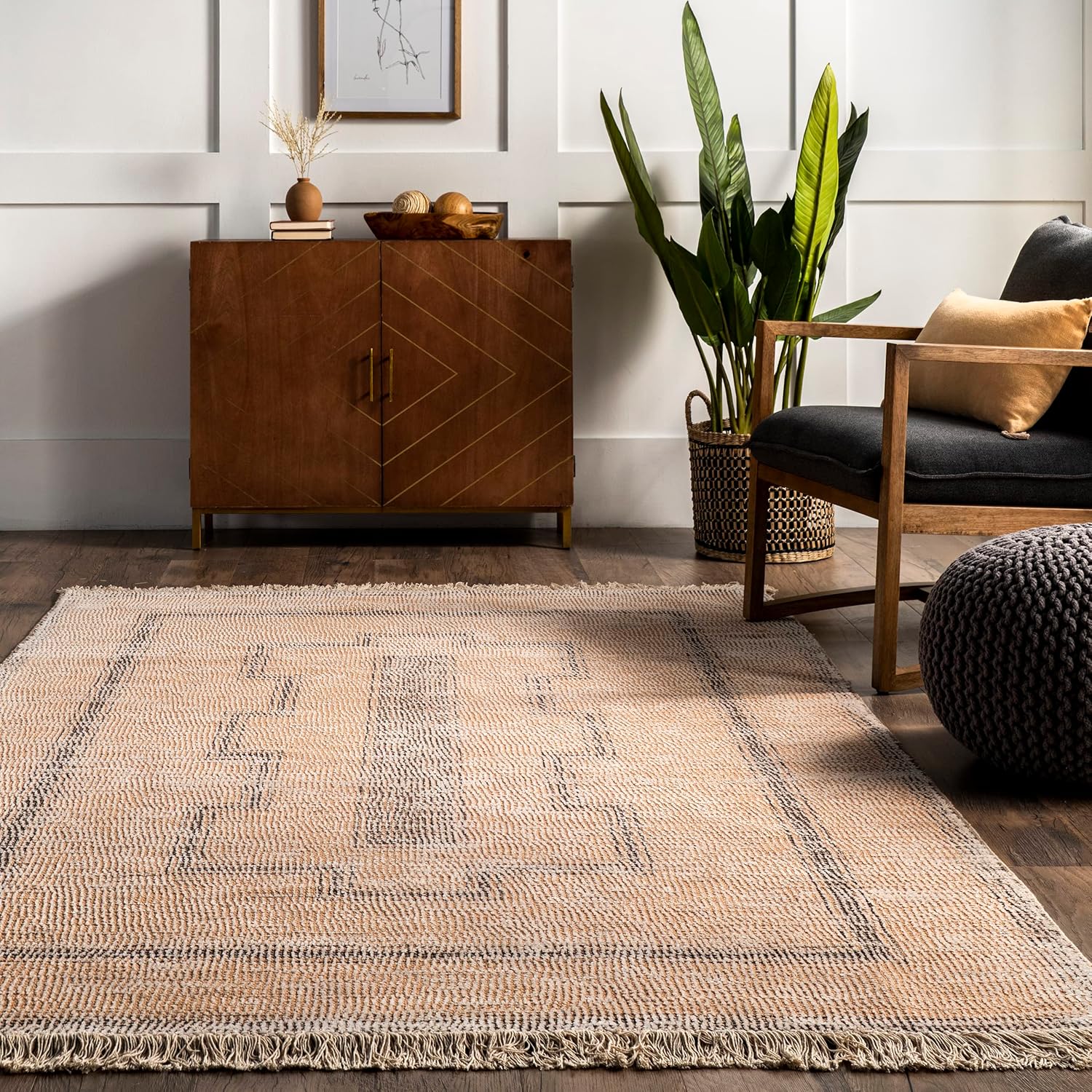 Rugs USA Ginger Tan/Charcoal, 7'6"x9'6", Handmade, Geometric, Cotton & Viscose, Soft and Cozy, High Traffic, Stain Resistant, Easy Clean, Durable Area Rug for Bedroom, Living Room, Dining, Den, Foyer Beige 7'6" x 9'6" (Rectangular)