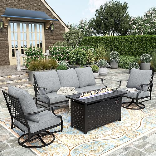 HERA'S HOUSE 4 Pieces Patio Furniture Set with Fire Pit Table, 2 x Swivel Cushioned Chair, 3-Seat Sofa with 45" Fire Pit Table, Outdoor Conversation Set for Garden, Poolside, Backyard, Grey