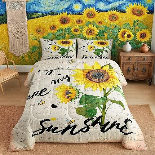 Castle Fairy Juego de edredón de girasol, tamaño Queen, ropa de cama rústica de abeja de granja de 3 piezas para niños, adolescentes y adultos,